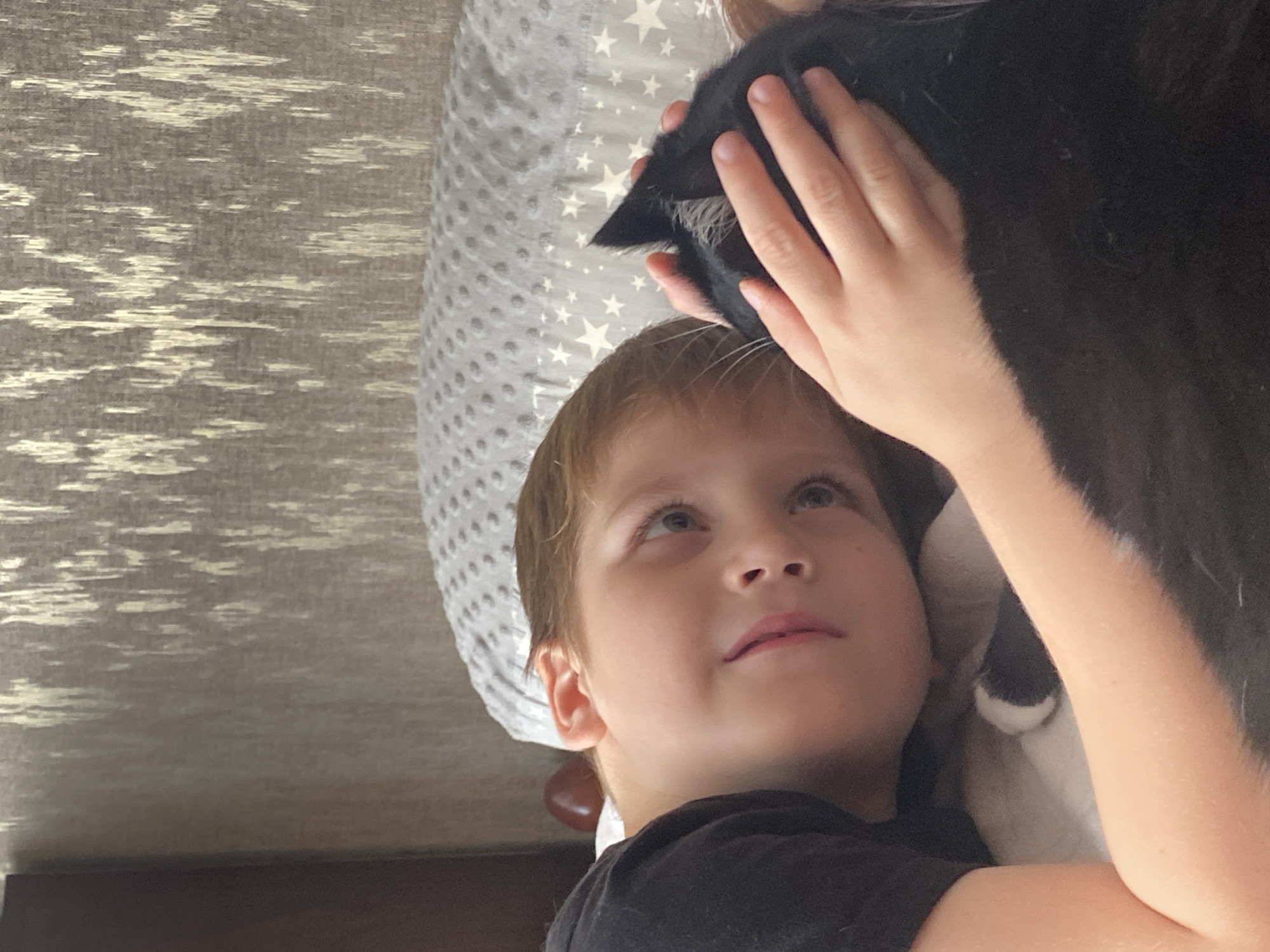 This is a close-up, eye-level shot of a young boy with light brown hair and blue eyes looking upwards. He is wearing a black t-shirt. His right hand is gently touching the head of a black cat, which is positioned to the right of the boy and partially obscures his face. The cat has white fur on its chin and chest. The boy appears to be lying down, as indicated by the background which includes a textured gray fabric with a white pattern and a gray blanket with white stars. The lighting suggests it is daytime. The overall mood is one of tenderness and connection between the boy and the cat. The image is oriented vertically, with the top of the boy's head towards the bottom of the frame.