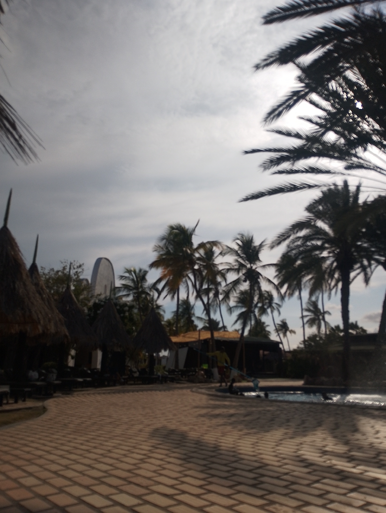 The image depicts an outdoor leisure area, likely a resort or hotel in a tropical setting such as Porlamar, Venezuela. The scene is dominated by a paved walkway made of light-colored bricks or pavers, which curves towards a swimming pool on the right.
Along the left side of the walkway, several dark-brown, cone-shaped structures with thatched or straw roofs are visible, suggesting traditional huts or palapas. In the background, numerous palm trees of varying heights are silhouetted against an overcast but bright sky, indicating daytime, possibly late morning or early afternoon, with diffused light. A large, light-colored, curved architectural element or structure can be seen peeking out from behind the huts in the middle-left background.
Near the swimming pool, two figures are present. One person, possibly a staff member or lifeguard, is standing at the edge of the pool wearing a yellow top and red shorts. Another individual is partially visible in the pool water. The overall activity appears to be leisure and relaxation by the pool. Palm fronds partially frame the top left and right corners of the photograph. No visible text is discernable in the image. The picture has a slightly soft focus, creating a gentle atmosphere.
