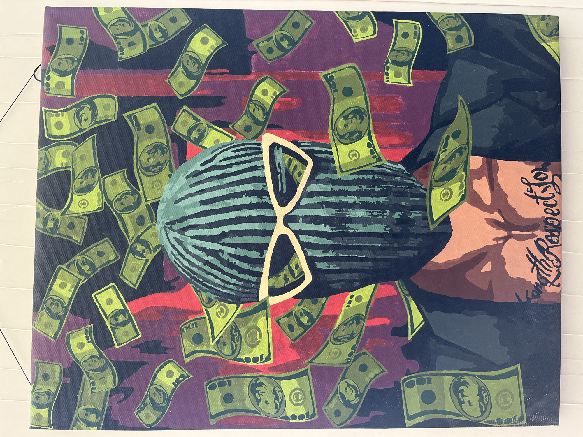 The image is an acrylic painting on canvas. The central subject is a stylized, oblong, green watermelon with dark green horizontal stripes and ivory-colored sunglasses. The watermelon is surrounded by numerous green dollar bills with depictions of Benjamin Franklin.
The background consists of a mix of dark blue-gray, purple, and maroon sections.
To the right of the watermelon, a portion of a person's shoulder and neck is visible, rendered in shades of brown. A signature or inscription is written in black cursive on the right edge of the painting.
No location in the city of Orekhovka, Russia is discernible.