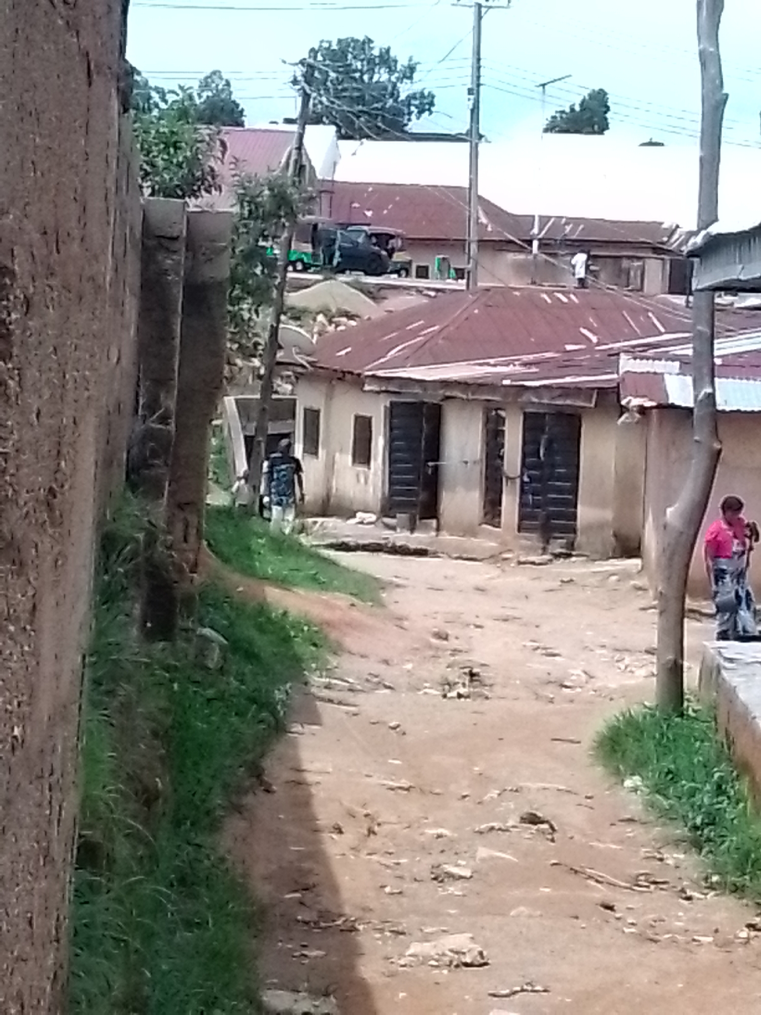In an outdoor, urban environment, a dirt path leads between a rough-textured, brown, wall-like structure on the left and a row of modest buildings with corrugated metal roofs on the right. The buildings have simple facades, some with closed wooden shutters over windows or doorways. Lush green grass grows along the edge of the path.
Several individuals are present. On the right side of the path, a person wearing a pink top and a patterned skirt stands facing left. Further down the path, near the buildings, a person in a dark, patterned shirt and light-colored pants walks away from the camera. In the background, a dark-colored utility vehicle with a green canopy is parked. The sky is overcast, suggesting a diffused light. The scene depicts a somewhat unkempt urban setting.