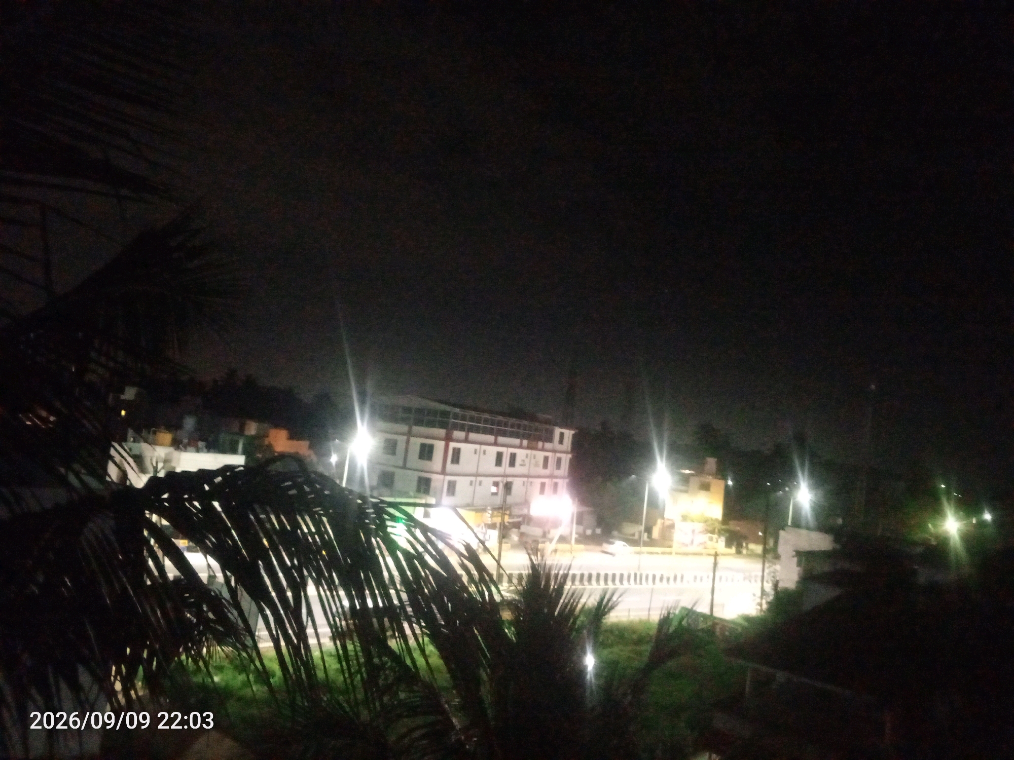 This is a nighttime, exterior, medium shot photograph taken from an elevated vantage point, looking towards a street scene. In the foreground, large palm fronds are obscuring the view, creating a dark silhouette effect. The background shows a white, multi-story building with several windows and balconies. Across the street, there is a road with traffic lights, streetlights, and what appears to be a divider. Other smaller buildings and some vegetation are visible in the distance. The sky is dark, indicating it is night. The timestamp in the lower left corner reads "2026/09/09 22:03". The location is Āttūr, India.