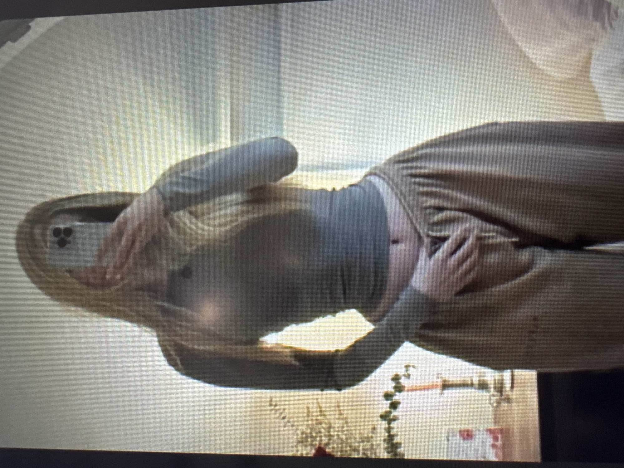 A person is captured in what appears to be a mirror selfie, seen reflected in a bright, indoor setting. The image itself is a photograph of a screen, showing visible pixelation and scan lines. The person, likely female, has long, light-colored hair and is wearing a form-fitting, light grey, long-sleeved top that reveals a portion of their midriff, paired with loose, light brown or khaki pants.
They are holding a smartphone in front of their face, obscuring it, with multiple camera lenses visible on the back of the phone. One hand is placed on their mid-section, suggesting a pose. The background, reflected in the mirror, shows light-colored walls and hints of decorative elements such as plants or flowers and possibly a small table or stand. The lighting is bright, indicative of daytime, possibly with natural light sources like windows. No distinct text is clearly legible on any visible objects or clothing.