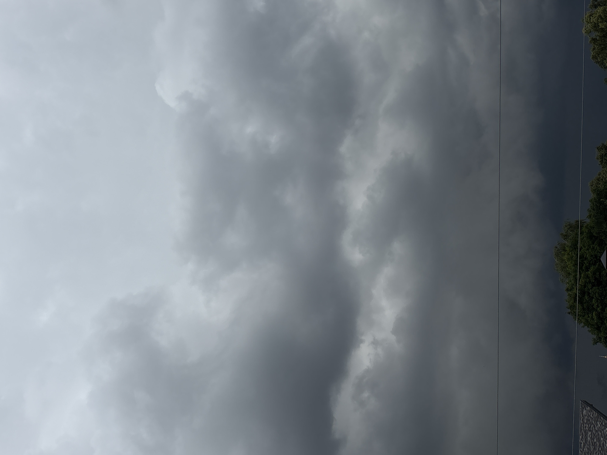 A low-angle outdoor shot captures a dramatic sky filled with dark, heavy storm clouds. The clouds dominate the frame, ranging from a lighter gray at the top to an almost black hue at the bottom, suggesting impending rain or a severe weather event. Below the dense cloud cover, a thin horizontal line, likely a power line, stretches across the image. Beneath this line, the tops of lush green trees are visible, indicating a natural environment. In the lower left corner, a portion of a dark-colored roof with a patterned surface is present, suggesting the presence of buildings or structures, possibly residential. The scene appears to be located in Ostrov, Russia, given the context. There are no people or animals visible in the image, and no active events are depicted, only the atmospheric conditions and the landscape.