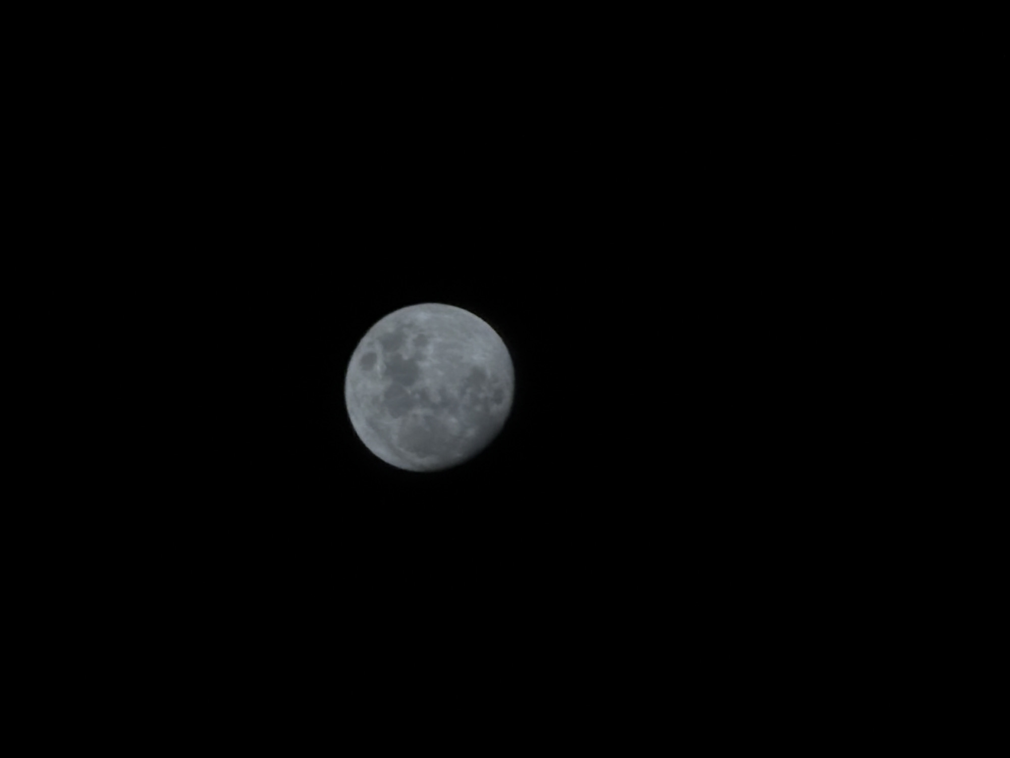 The image presents a close-up view of the Moon against a completely black sky, indicating a clear night or outer space. The Moon, appearing as a sphere in a gibbous phase (nearly full), is predominantly grey-white with visible topographical features. Darker regions, characteristic of lunar maria, are discernible, alongside numerous craters and variations in the surface texture.
There are no people, other objects, or specific activities depicted within the frame beyond the celestial body itself. The setting is purely the night sky. Notable details include the clear visibility of the Moon's surface features. The time of day is clearly night. There are no weather elements like clouds. While the location context is provided as Tbilisi, Georgia, the image itself does not contain any visual cues to confirm this geographical location, as it focuses solely on the Moon. There is no visible text in the image. No specific emotions are conveyed by the scene.