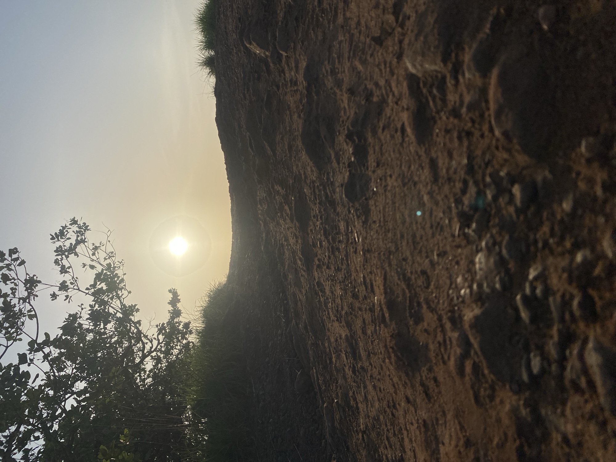 The image depicts a close-up view of a steep, brown, and possibly rocky hillside or embankment in Amancho, Nigeria. Sparse green vegetation grows at the top and sides of the slope. To the left, a tree with dense foliage partially obscures the bright sun, creating a backlit effect. The sky appears hazy or slightly overcast, and the overall lighting suggests either early morning or late afternoon. No people, animals, or buildings are visible. The focus is on the natural features of the landscape.
