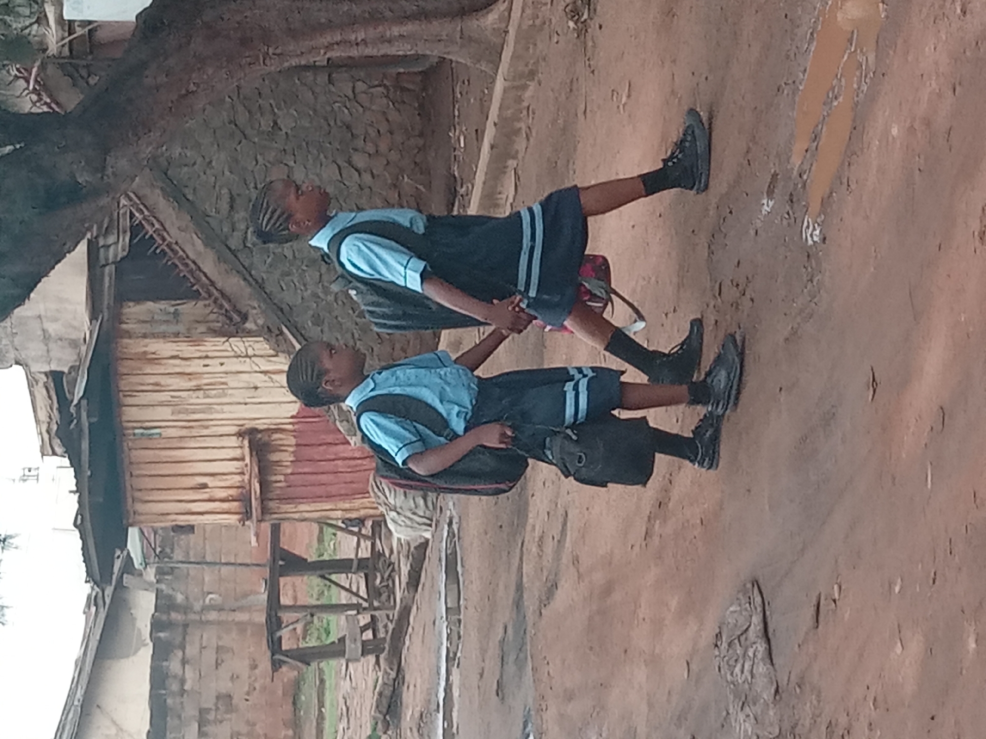 Two schoolgirls wearing light blue shirts and navy blue skirts with white stripes walk hand-in-hand on a dirt road. They are wearing black socks and black shoes and carrying backpacks. The environment appears to be a low-income area in Sabon Tasha, Nigeria, indicated by the rudimentary wooden and corrugated metal structures in the background. The ground is dirt with puddles. A large tree is present on the left side of the frame.