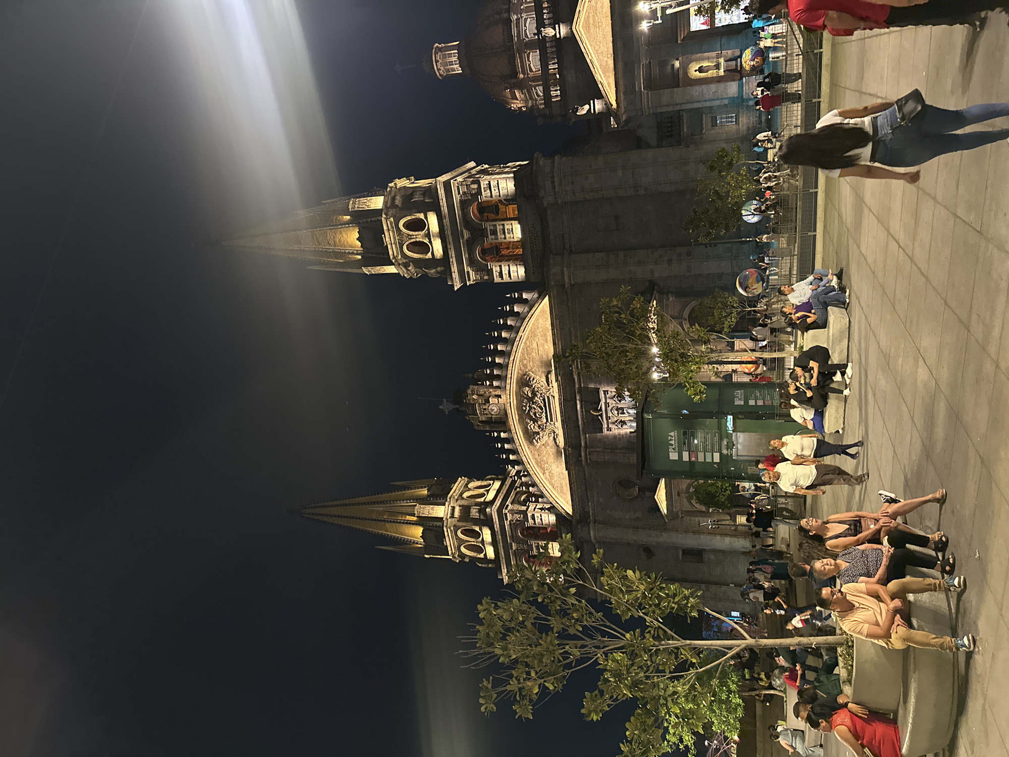 The image shows the Guadalajara Cathedral in Guadalajara, Mexico, at night. The cathedral's spires are illuminated against the dark sky. In the foreground, people are gathered on benches and walking on the plaza. A tree with sparse foliage is also visible. The scene appears to be a typical evening gathering in the city center.