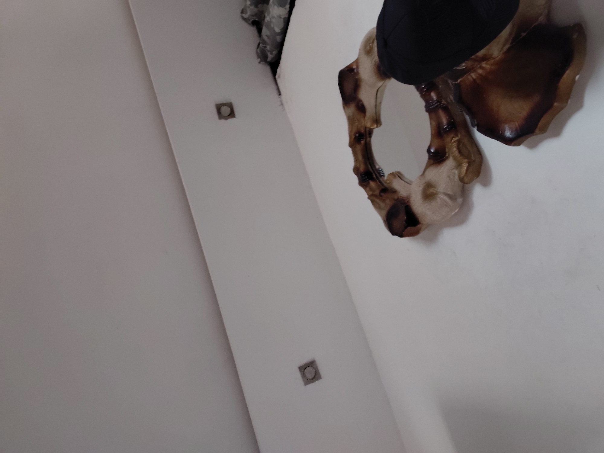 The image displays an indoor scene, oriented vertically, featuring a white or off-white wall as the dominant background. A diagonal line, possibly a corner or joint between wall panels, runs through the left side of the frame.
On the right side, a prominent decorative object, strikingly resembling a stylized or artistic interpretation of a human pelvic bone, is displayed. This object exhibits a rich palette of natural tones, including deep browns, lighter earthy browns, and beige. Certain areas, particularly the darker brown sections, appear glossy or lacquered, while other parts suggest a more matte, bone-like texture. Some segments of the object show dark, almost burnt or heavily stained markings.
Partially covering the upper section of this pelvic-like object is a solid black item, possibly a piece of clothing or a hat, with a relatively smooth surface.
Embedded within the white wall are two small, square fixtures with a metallic or silver finish. Each fixture has a circular recess in its center. One is situated in the upper-left quadrant of the wall, and the other is lower and slightly to the right.
In the extreme upper-left corner, a blurry segment of camouflage-patterned fabric or material is visible.
No human subjects are present, and no specific activity is occurring. The scene appears to be a static display in what is likely a room or hallway. The lighting suggests an indoor environment, but the time of day is not discernible. There is no visible text. The location is given as Santa Ana, Venezuela, though no specific visual cues within the image confirm this.