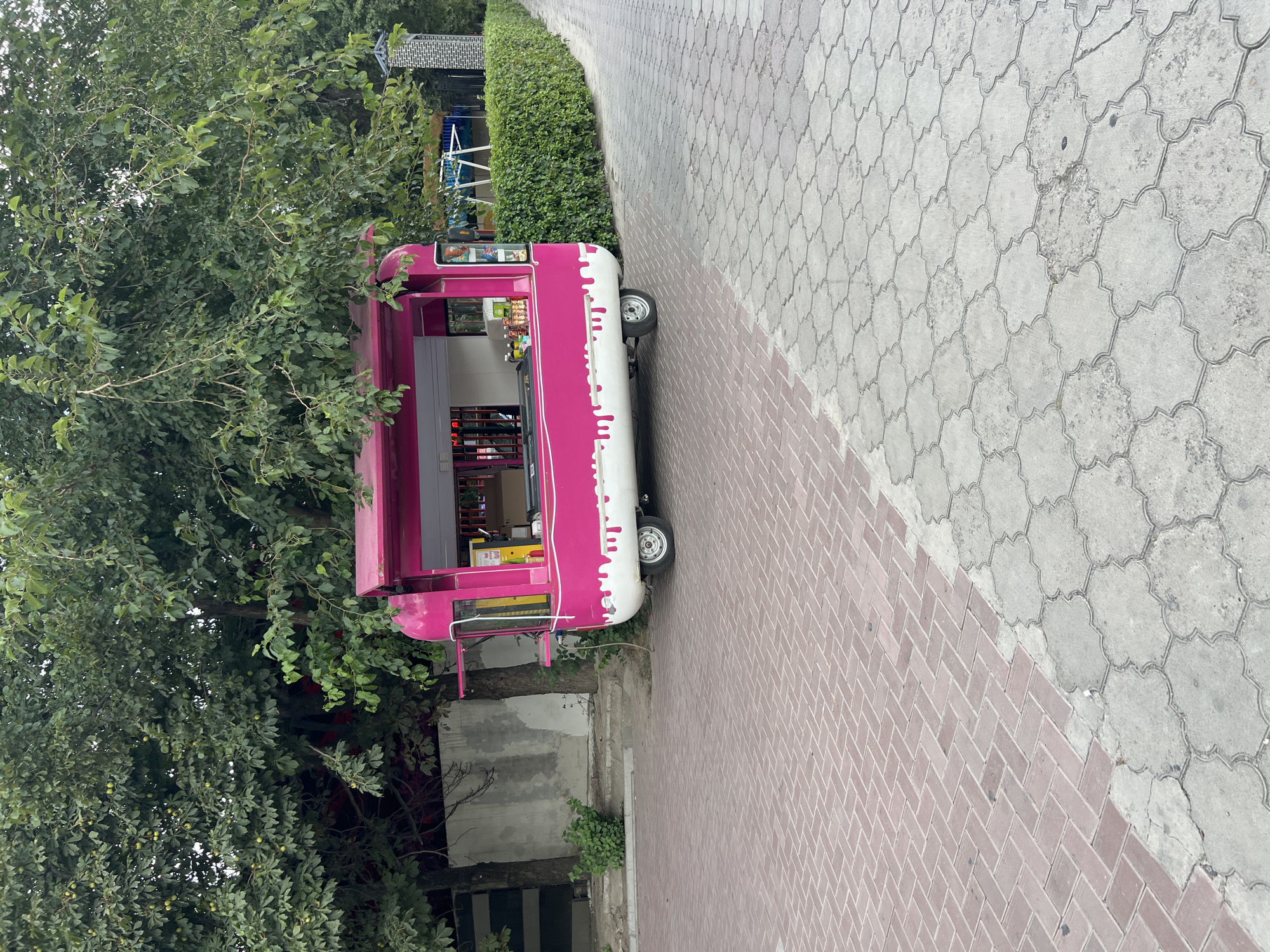A pink and white food truck is parked on a paved walkway. The truck is open for business, with a serving window and various items displayed inside. Behind the food truck, a dense green hedge runs along the side of the walkway. Trees with lush green foliage are visible behind the truck, and some are also in the foreground. The walkway itself is made of two types of paving stones: red bricks arranged in a herringbone pattern on the left side and grey, decorative stones with a clover-like shape on the right. A concrete wall and some bushes are visible to the left of the food truck. The overall environment appears to be an outdoor public space, possibly a park or a pedestrian area within the city of Bishkek, Kyrgyzstan. There are no people visible in the image.