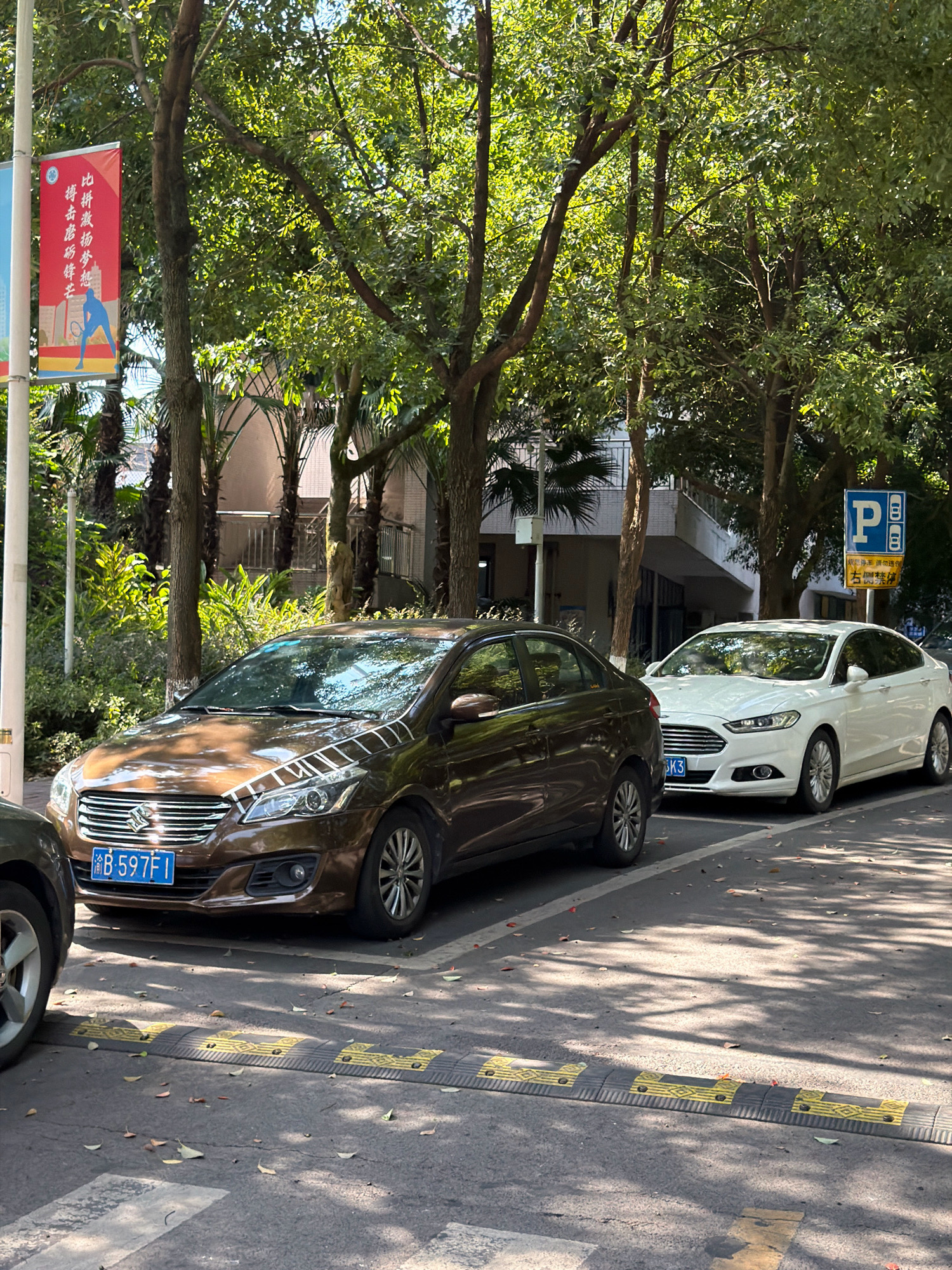 The image shows two cars parked on a street in Jiangjin District, Chongqing, China. The car in the foreground is a brown sedan with a blue license plate that reads "B 597FI". The car behind it is a white sedan with a license plate that reads "3BK3". Both cars are parked on the side of the road, next to a row of trees. A speed bump is visible on the road in front of the brown car. A parking sign is visible in the background, indicating a parking area. There are no people visible in the image. The environment appears to be a sunny day, with shadows cast by the trees on the road and cars. A banner with Chinese characters and an image of a tennis player is hanging from a pole on the left side of the image.