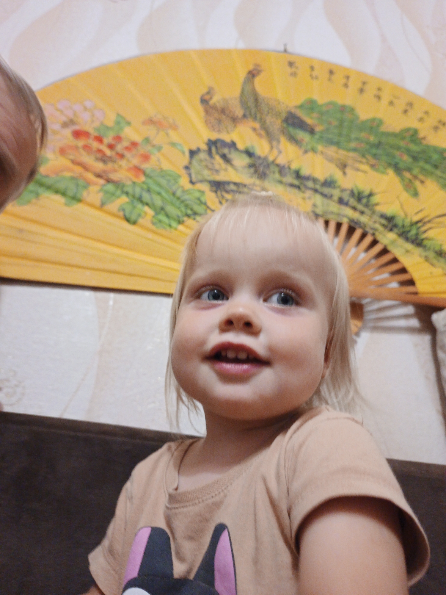 A close-up, waist-up, medium shot features a fair-skinned toddler with blonde hair and blue eyes, looking to the right and smiling. The child wears a peach-colored t-shirt with a graphic of a black and pink dog face on it. Behind the child, a decorative yellow fan with images of birds and flowers is visible. The background consists of a patterned wallpaper and a dark brown sofa. The lighting is even and appears to be indoors. The image is focused on the child's face and upper body. No specific location in Medvedyovka, Russia is discernible from the image.
