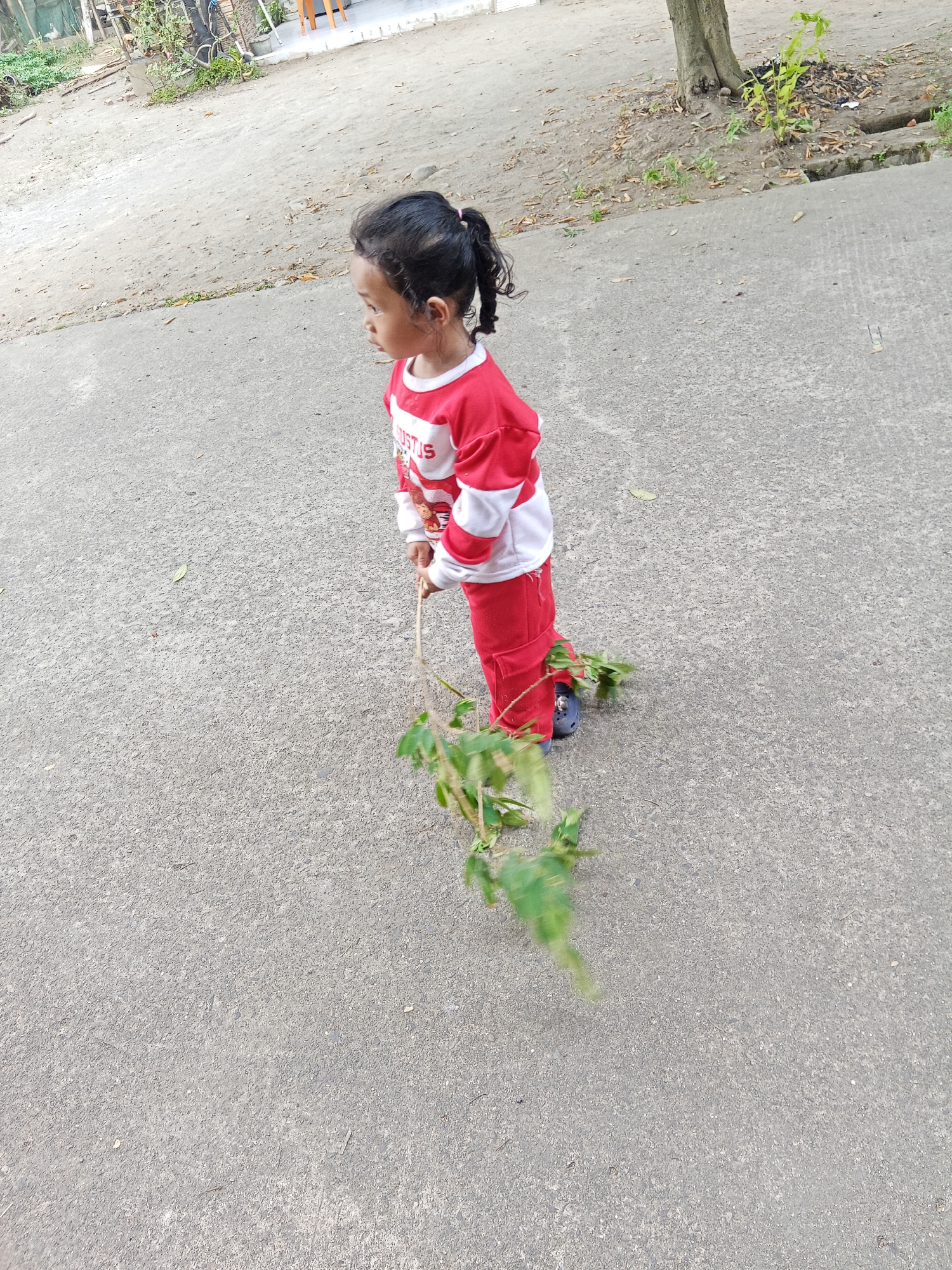 A young child, likely a toddler, is standing on a paved surface, possibly a sidewalk or road, with a stick and some leaves. The child is wearing a red and white striped long-sleeved shirt and red pants. The child's hair is pulled back in a ponytail. The child is holding a stick horizontally in front of them, with some green leaves attached to it, appearing to be dragging it. The background shows an outdoor environment with some vegetation, a tree, and what looks like a drainage ditch. The lighting suggests it is daytime. The scene may be in Lubuklinggau, Indonesia, given the context of the request.