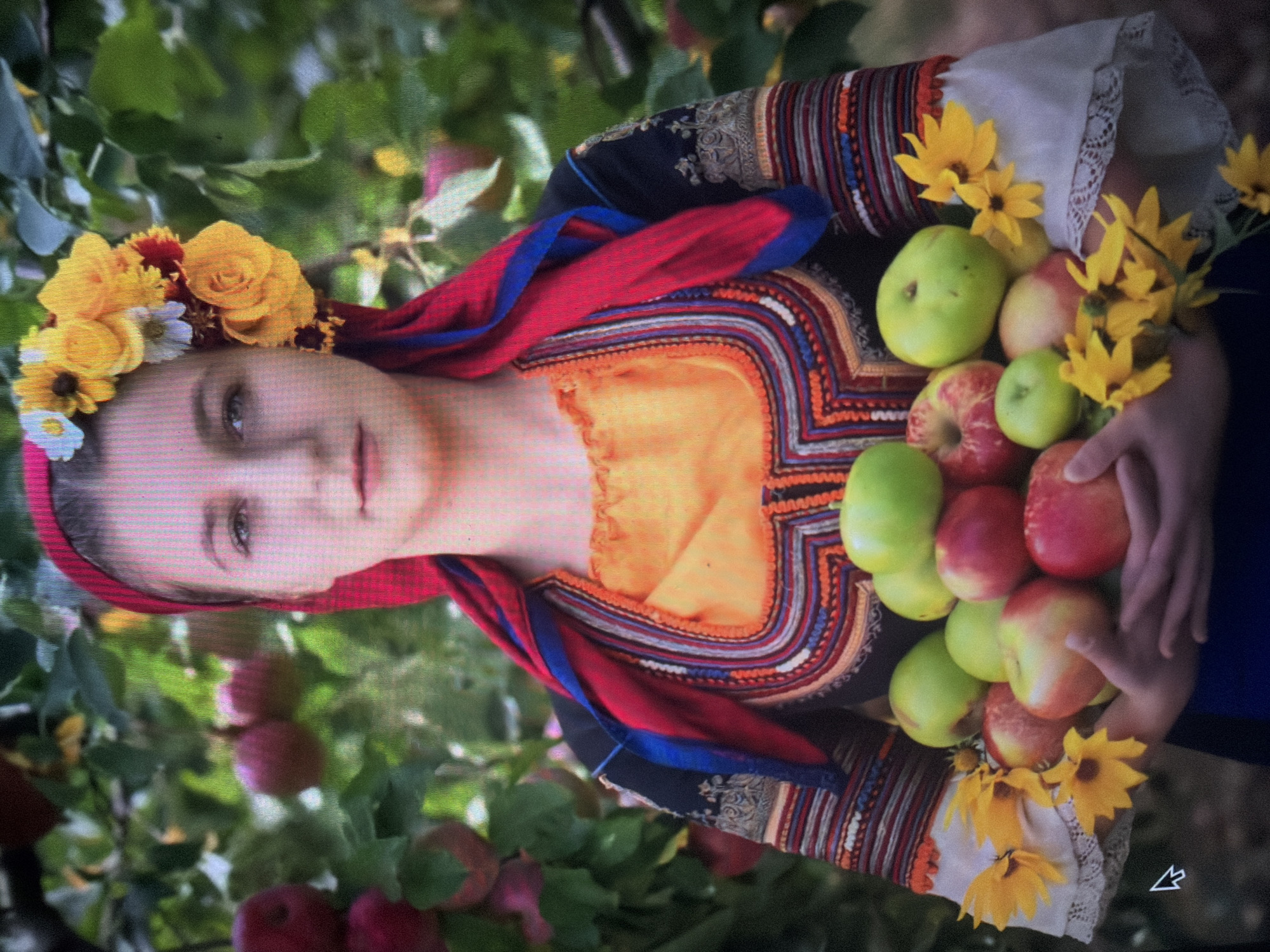 A young woman stands centrally in an apple orchard, described as being in Shumen, Bulgaria. She has light skin, light-colored eyes, and a neutral expression. Her head is adorned with a red headscarf, featuring a blue accent, and a floral wreath composed primarily of yellow flowers, resembling roses and smaller blossoms, with a few white flowers. She wears a traditional garment with a dark base fabric, possibly navy or black, featuring intricate multi-colored embroidery in shades of red, blue, orange, white, and grey around the neckline and along the sleeves. An orange undergarment with a ruffled neckline is visible beneath the embroidered top. Her long sleeves terminate in white lace-trimmed cuffs, into which yellow flowers are tucked. She holds a significant quantity of apples in both hands, cupped in front of her. The apples are a mix of bright green and red/bi-colored varieties. Additional yellow flowers are interspersed among the apples she carries. The background consists of out-of-focus green foliage and numerous red apples hanging from branches, indicative of an apple orchard. A digital cursor icon is visible in the lower-left corner of the image.