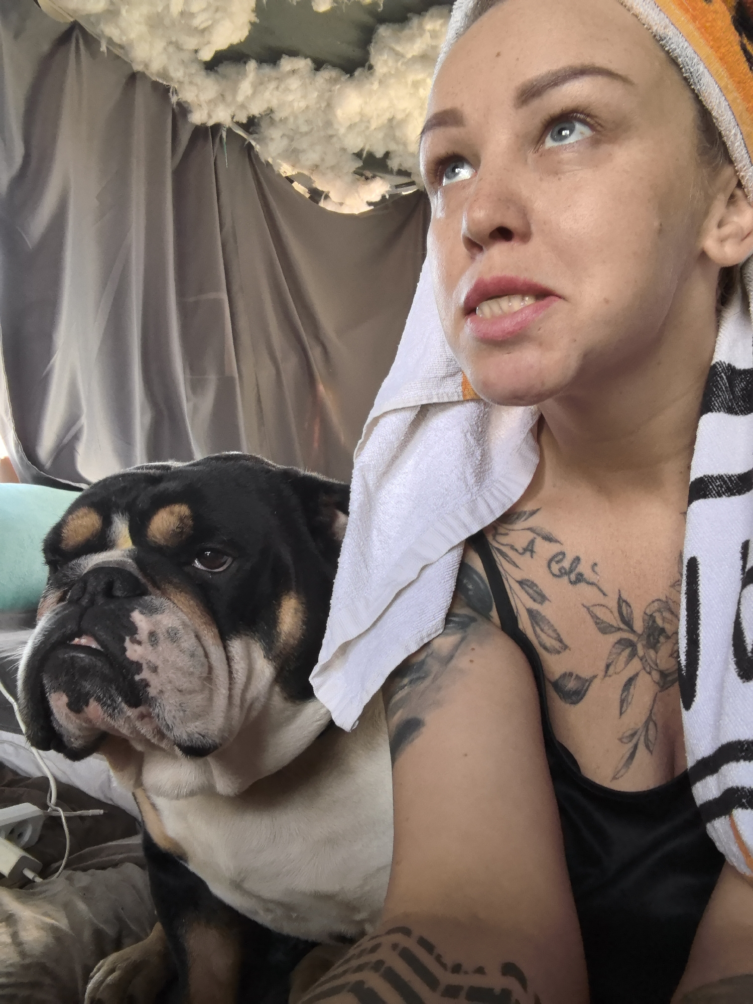 A close-up shot captures a woman and a dog indoors. The woman has fair skin, blue eyes, and a towel wrapped around her head. She wears a black tank top and has multiple tattoos on her chest and arm. The dog, a bulldog with black and brown markings, sits close to the woman. The background includes grey drapes and what appears to be insulation material. There is no information to determine if this image was taken in the city of Noviy, Russia.