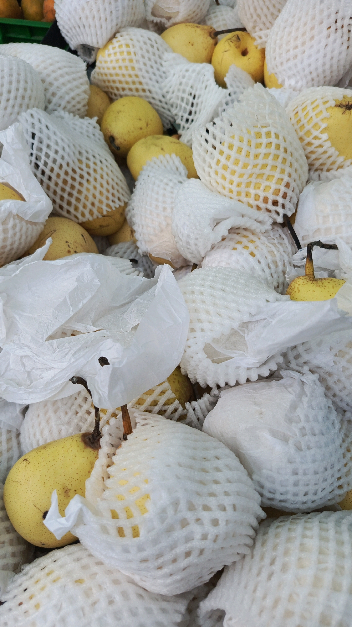 A close-up overhead shot of a pile of yellow pears, most of which are individually wrapped in white foam netting. The pears are of various sizes and have a slightly bruised appearance in some areas. Some of the netting is loose, revealing the fruit inside. There are also crumpled pieces of white paper scattered amongst the pears. The lighting suggests an indoor setting, possibly a market stall or storage area. No people are visible in the image. This image was taken in Mangunsuman, Indonesia.