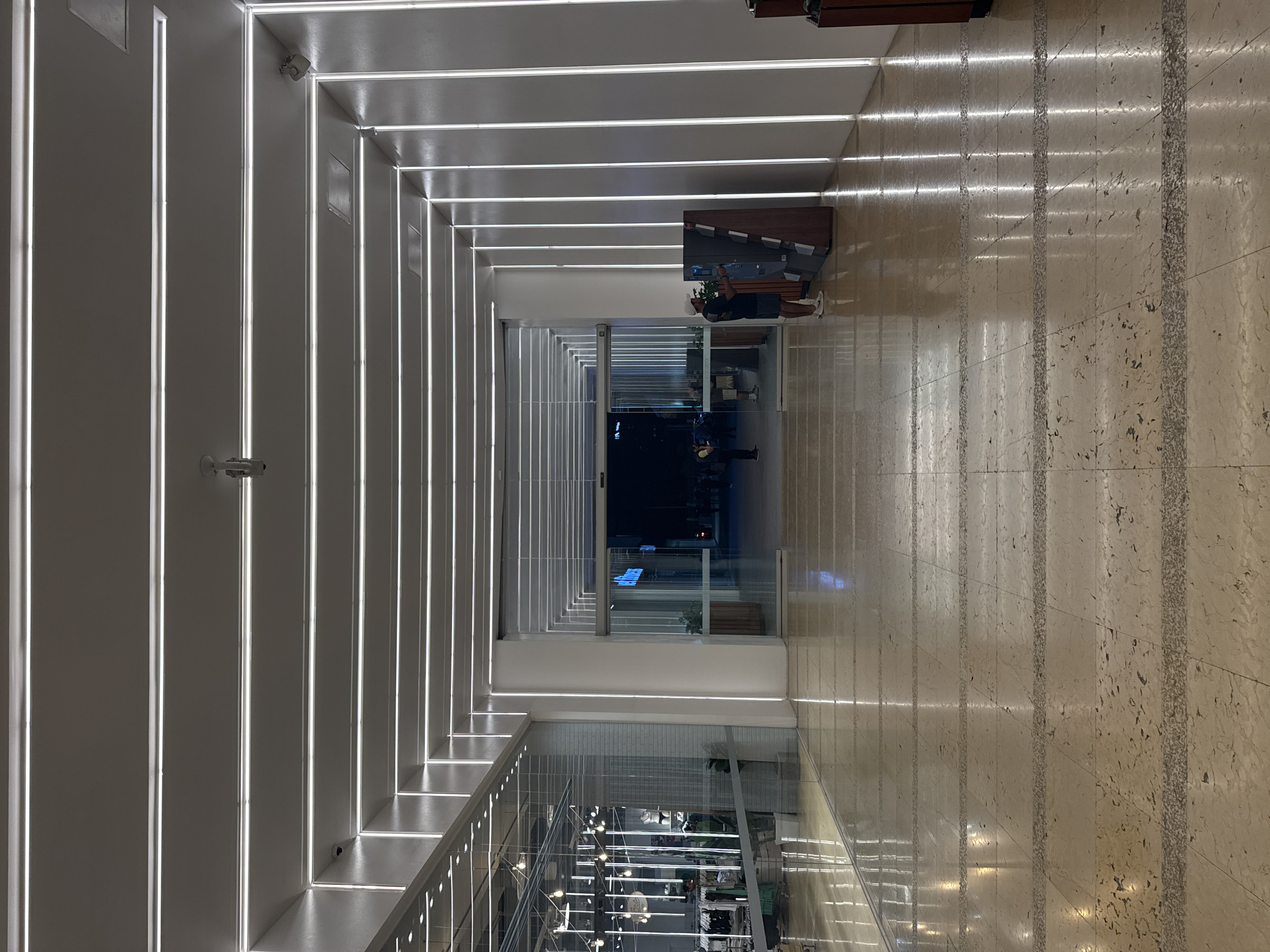 A brightly lit, elongated corridor is depicted. The left side of the corridor features a series of vertical light strips, creating a strong sense of perspective leading into the distance. The right side consists of a glossy, light-colored stone floor. A bench with two people is situated on the right. The corridor leads to a window overlooking what appears to be an interior mall or shopping area.
The location is in Puebla, Mexico.