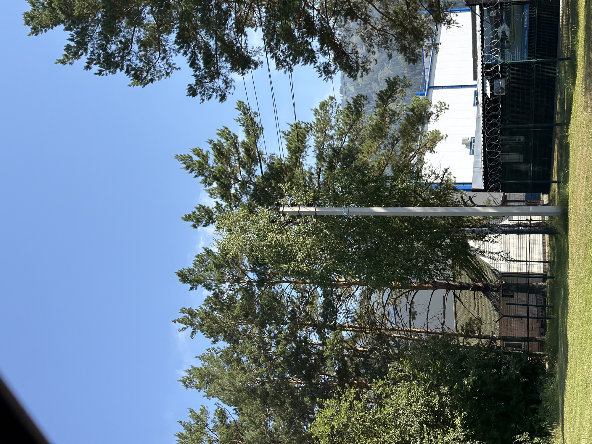 This is an outdoor, eye-level shot of a fenced-in industrial area in Turbaza Katun', Russia, under a clear blue sky. In the foreground, a manicured green lawn transitions to a dirt path and a dark green chain-link fence topped with barbed wire. Beyond the fence, a small, single-story building with a corrugated metal roof is visible, partially obscured by tall pine trees. To the right of this building, a larger, white industrial structure with blue trim stands. A concrete utility pole is present in the middle ground. The background features a dense forest leading up a hillside. The image appears to have been taken during daylight hours.