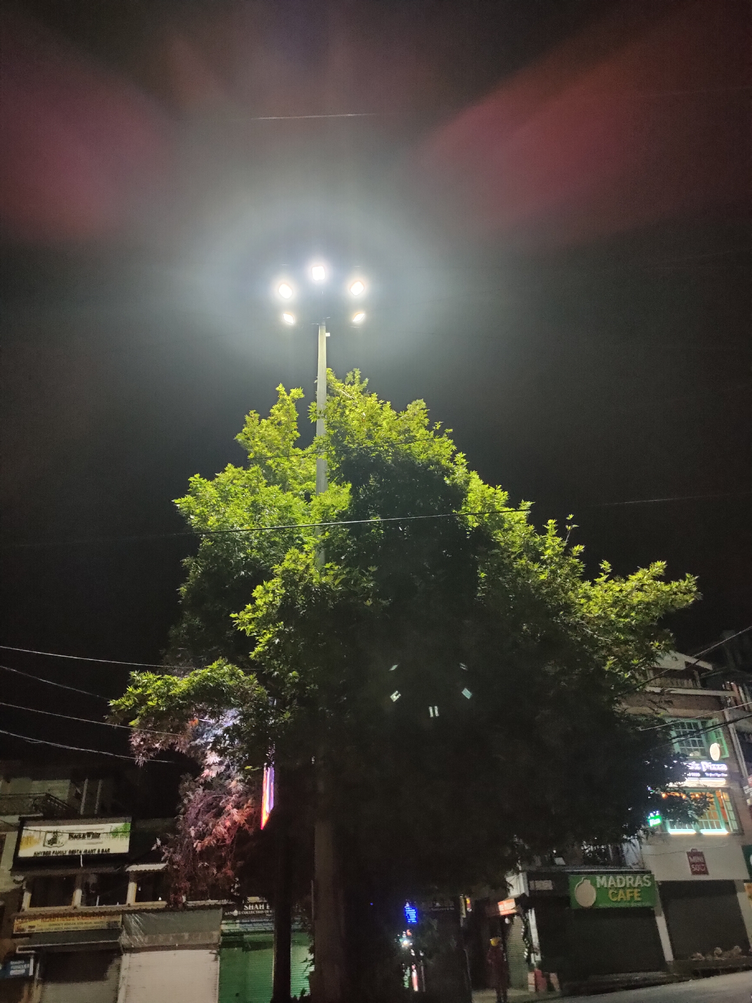 This is a night shot of a street in Manali, India. A tall street lamp with multiple lights illuminates a large tree with bright green foliage. The tree is in the center of the frame. In the background, there are buildings with signs, including "Black & White SHYAM FAMILY RESTAURANT & BAR" and "MADRAS CAFE". A few power lines are visible crossing the frame. The sky is dark with some lens flare and a reddish-pink hue, possibly from atmospheric conditions or distant lights. No people are clearly identifiable or engaged in any specific action. The scene appears to be a typical urban street at night, with the lighting highlighting the natural elements and commercial establishments.
