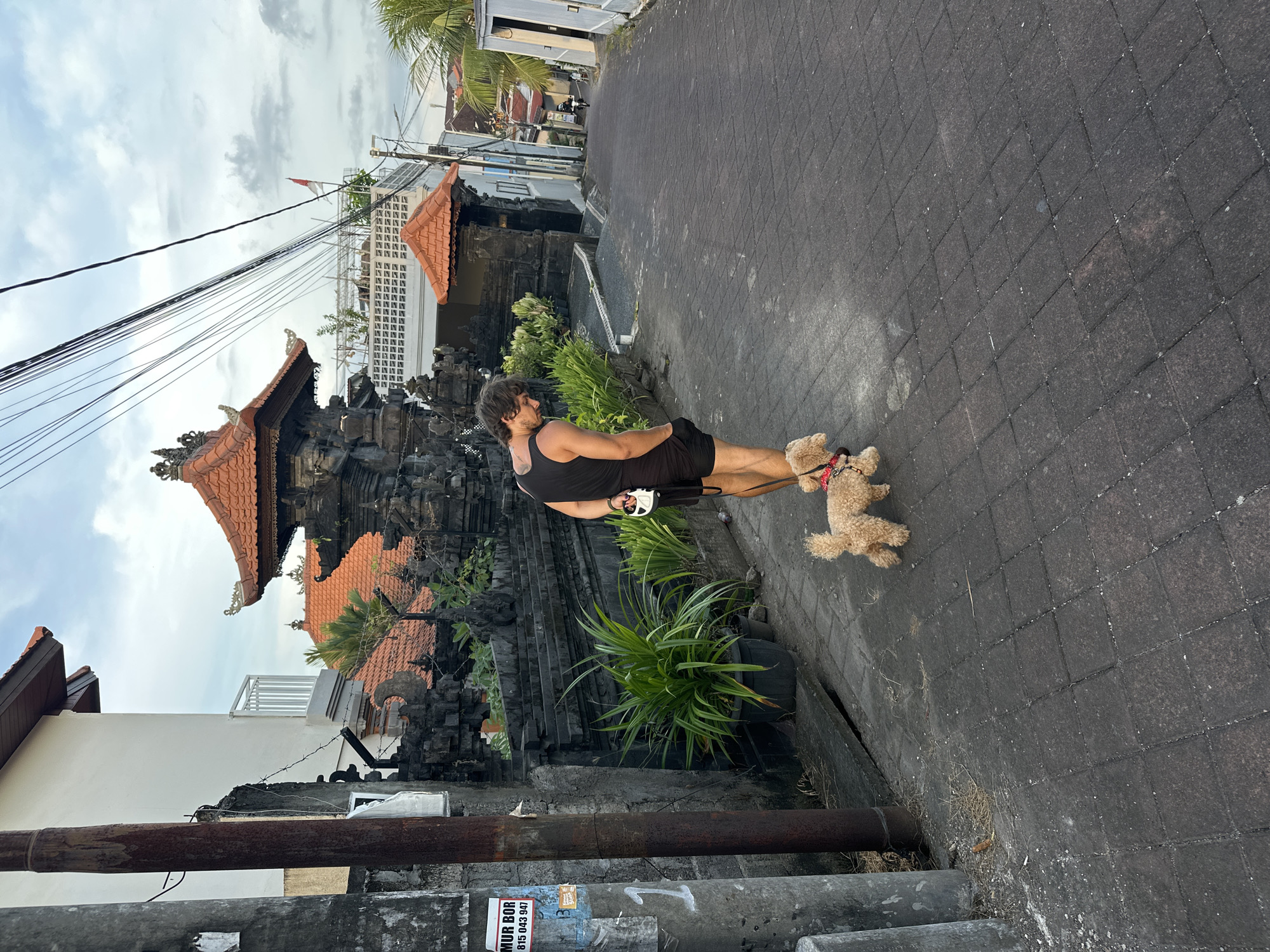A man in a black tank top and black shorts is walking a tan poodle on a leash down a narrow, paved street in Dalung, Indonesia. The street is lined with traditional Balinese architecture, including a stone temple structure with tiered roofs and intricate carvings. Lush tropical plants grow alongside the pathway. Overhead, utility lines crisscross the sky. The sky is overcast. A partially obscured Indonesian flag is visible. The photo appears to have been taken at street level.