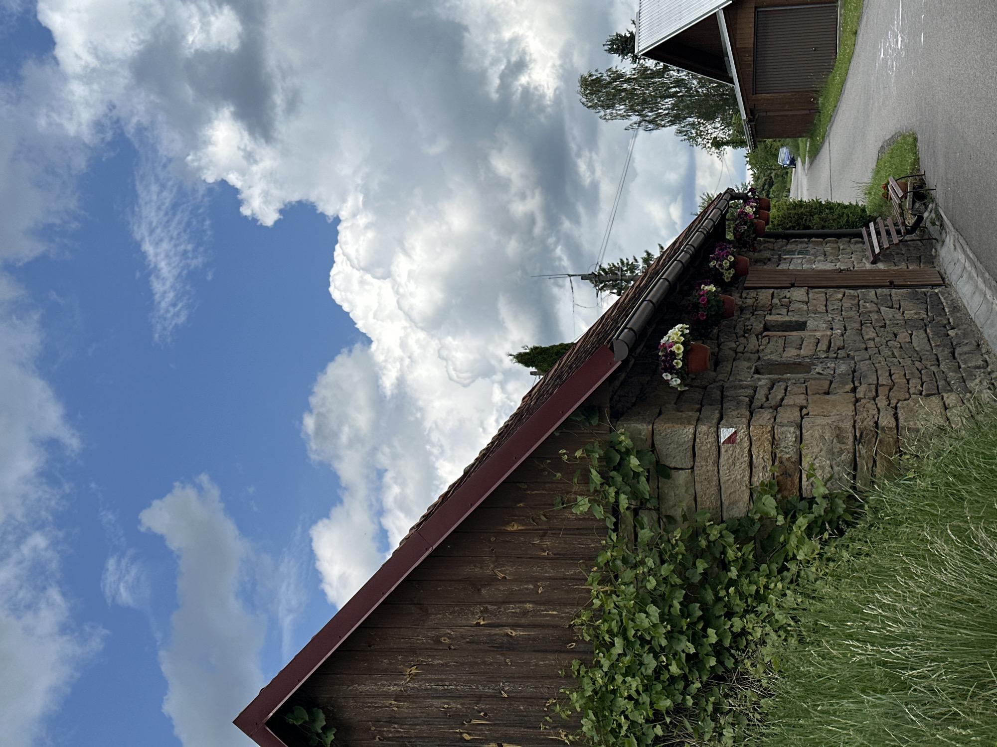 The image captures a picturesque rural or semi-rural scene, likely in Wisła, Poland, under a dynamic sky with both blue patches and large, white and grey clouds. The main subject is a rustic building, viewed from its side, which anchors the left and central parts of the frame. This structure features a sturdy stone foundation topped with dark, weathered wooden siding, culminating in a reddish-brown tiled roof. Lush green ivy or vines clamber up the stone and wood of the building, while several terracotta flower pots brimming with white, purple, and yellow petunias adorn the stone wall.
A narrow, paved asphalt road or path extends from the mid-ground towards the background on the right. Beside the road, near the main building, a small wooden bench is visible. Further along the path, another structure, possibly a garage or shed with a metal roof and brown door, can be seen, partially obscured by trees. Power lines are visible stretching across the mid-ground sky, suggesting utility infrastructure. The foreground on the right is filled with tall, light green grass.
A distinctive red and white rectangular trail marker is affixed to the stone wall of the main building, indicating its potential role as part of a hiking route. The scene is bright, suggesting daytime, and the overall atmosphere is one of peaceful countryside charm. No specific activity is occurring, presenting a static, natural tableau.