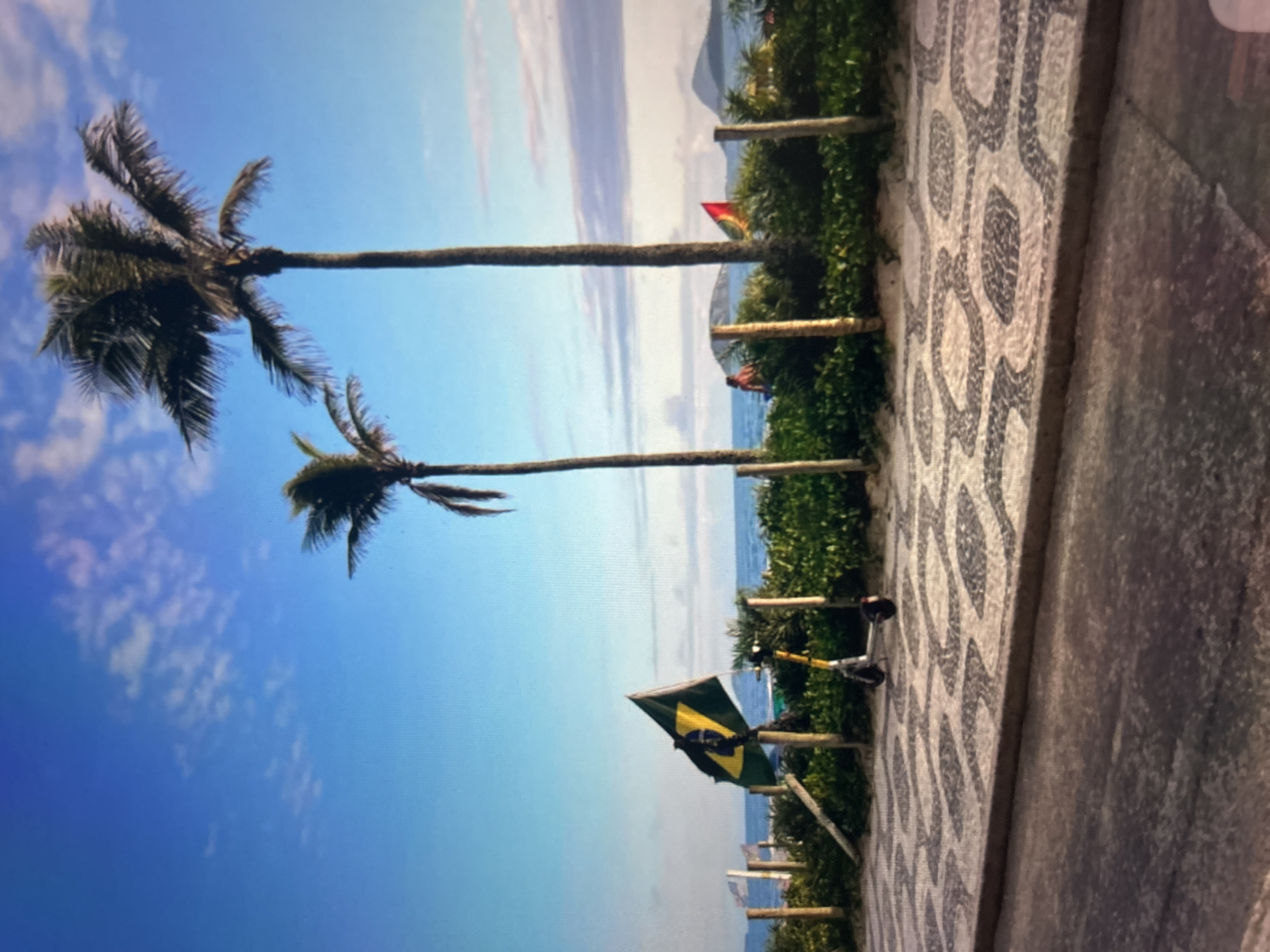 The image depicts a tropical beach scene with two tall palm trees in the foreground against a bright blue sky with scattered white clouds. A Brazilian flag is visible, attached to a wooden post, next to a yellow and black electric scooter parked on a patterned mosaic walkway. The walkway transitions to a sandy path lined with lush green vegetation and wooden fences. In the background, the ocean stretches to the horizon, with distant hills or mountains visible. A person, partially obscured by greenery, is seen sitting near the water. Another small flag, red and yellow, is planted in the vegetation further down the beach. The scene appears to be a public promenade area adjacent to a beach.