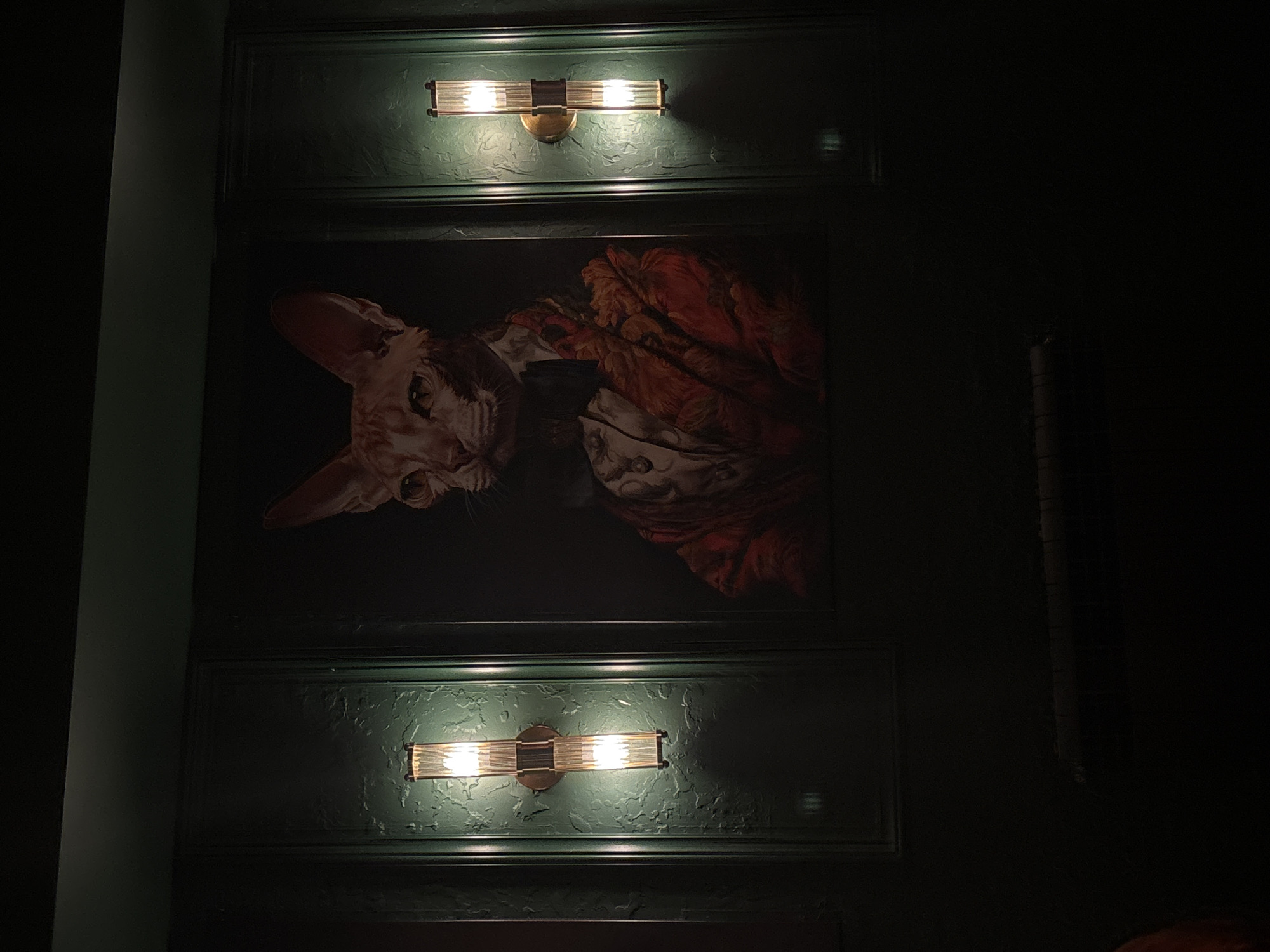 The image displays an interior wall in a dimly lit establishment located in Saint Petersburg, Russia. A large, framed artwork is centrally positioned against a dark green, textured wall. The artwork depicts a Sphynx cat, presented in an anthropomorphic style, wearing a formal, period-style ensemble consisting of a dark cravat over a white ruffled shirt, a dark waistcoat, and a prominent, ornate red-orange patterned jacket.
Flanking the artwork are two identical vertical wall sconces. Each sconce features a brass-toned central mount supporting two illuminated fluted or reeded glass cylinders, emitting a warm, soft yellow light both upwards and downwards. The light from these sconces highlights the uneven texture of the dark green wall paneling. Above the artwork, a dark, flat surface or beam is visible. The lower portion of the image is largely underexposed, obscuring details, but suggests a dark counter or furnishing directly beneath the artwork. No people or discernible actions are visible in the scene.