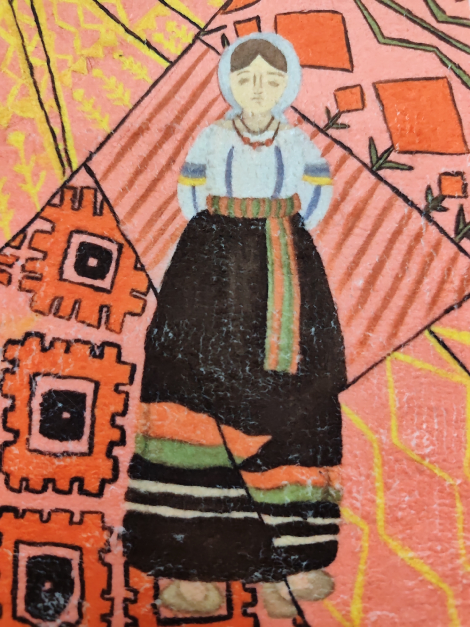 The image is a close-up of a folk art painting depicting a woman in traditional clothing against a colorful, geometric background. The woman is facing forward, with a light blue head covering, a white blouse with blue and yellow trim on the sleeves, and a dark skirt. She wears a sash with green, orange, and white stripes. The background is composed of pink, orange, and yellow geometric shapes and patterns, including diagonal lines, squares, and stylized floral motifs. The overall style is naive and decorative. The painting is likely a representation of Moldovan folk art, possibly from the region of Ungheni, Moldova, given the traditional attire and artistic style often found in such regions.