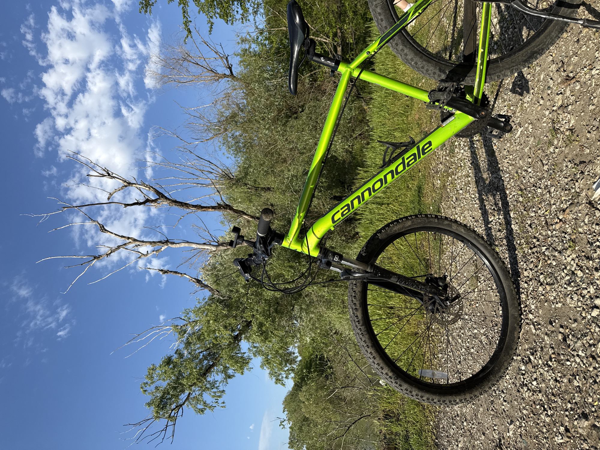 A green Cannondale bicycle is positioned on a gravel and grass surface. The bicycle is partially obscuring the background which features trees, bushes, and a blue sky with scattered clouds. The location is unknown.