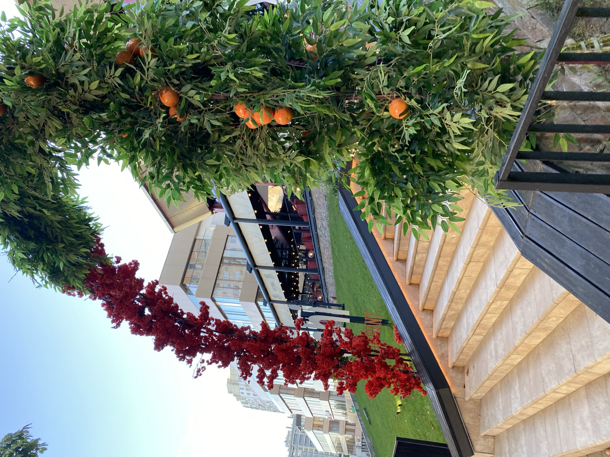 This image shows an outdoor staircase in front of a building. The staircase is made of light-colored stone tiles with a dark railing. To the left of the staircase, there is a large, artificial tree with bright red flowers. To the right, there is another artificial tree adorned with green leaves and several orange fruits, resembling oranges. The building in the background appears to be a modern establishment with large windows and several floors. The sky is clear and blue. The scene suggests a decorative entrance, possibly for a restaurant or event space. There are no people visible in the image. The location is identified as Chișinău, Moldova.