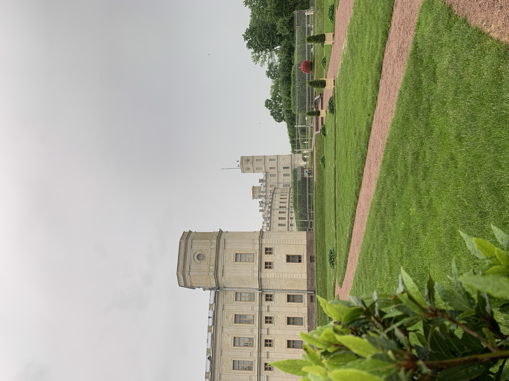 The image depicts a wide view of the Gatchina Palace and its surrounding park in Gatchina, Russia. In the foreground, a pathway of reddish gravel winds through a vibrant green lawn. To the left, a lush green plant with broad leaves is partially in focus, obscuring a small portion of the scene.
Dominating the background is the pale yellow, neoclassical architecture of the Gatchina Palace. The palace is characterized by its symmetrical design, multiple windows, and a prominent tower with a circular window. Further in the distance, another section of the palace, featuring a clock tower, is visible, extending in a curved line. A white metal fence runs horizontally across the middle ground, separating the manicured lawns from the palace. Behind the fence, there are decorative topiaries and some distant trees forming a verdant backdrop. The sky is overcast and light gray, suggesting a cloudy or overcast day. There are no visible people in the scene.