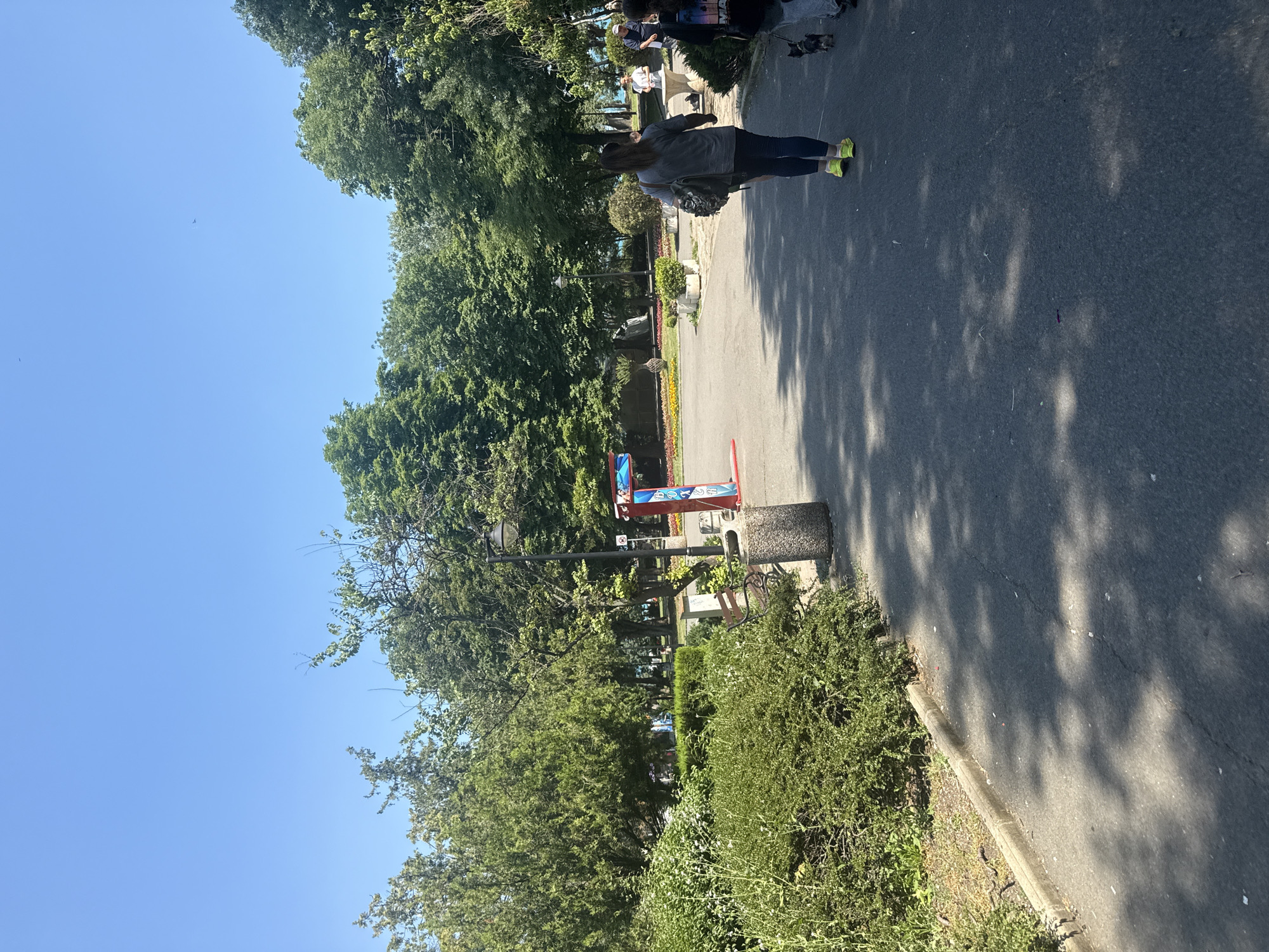 The image depicts a sunny day in Burgas, Bulgaria, likely in the late morning or early afternoon given the bright sunlight and sharp shadows. The scene is a park or a public walkway lined with lush green trees and bushes. A paved pathway runs through the park, with a small section of it visible in the foreground.
Several people are present in the scene. In the mid-ground, a person wearing a grey jacket and dark pants is walking away from the camera. They have bright yellow shoes and a backpack. Further in the background, more people are visible, some standing and others walking, suggesting a leisurely atmosphere. There are also glimpses of dogs, indicating a pet-friendly environment.
Among the notable objects are a lamppost, a concrete trash bin, and a bench. A red and blue structure, possibly an information board or a play element, stands near the trash bin. The vegetation is dense and vibrant, with manicured bushes and trees providing shade. The clear blue sky suggests good weather. The overall impression is one of a pleasant day spent outdoors in a well-maintained public space. There is no visible text in the image that can be read clearly.