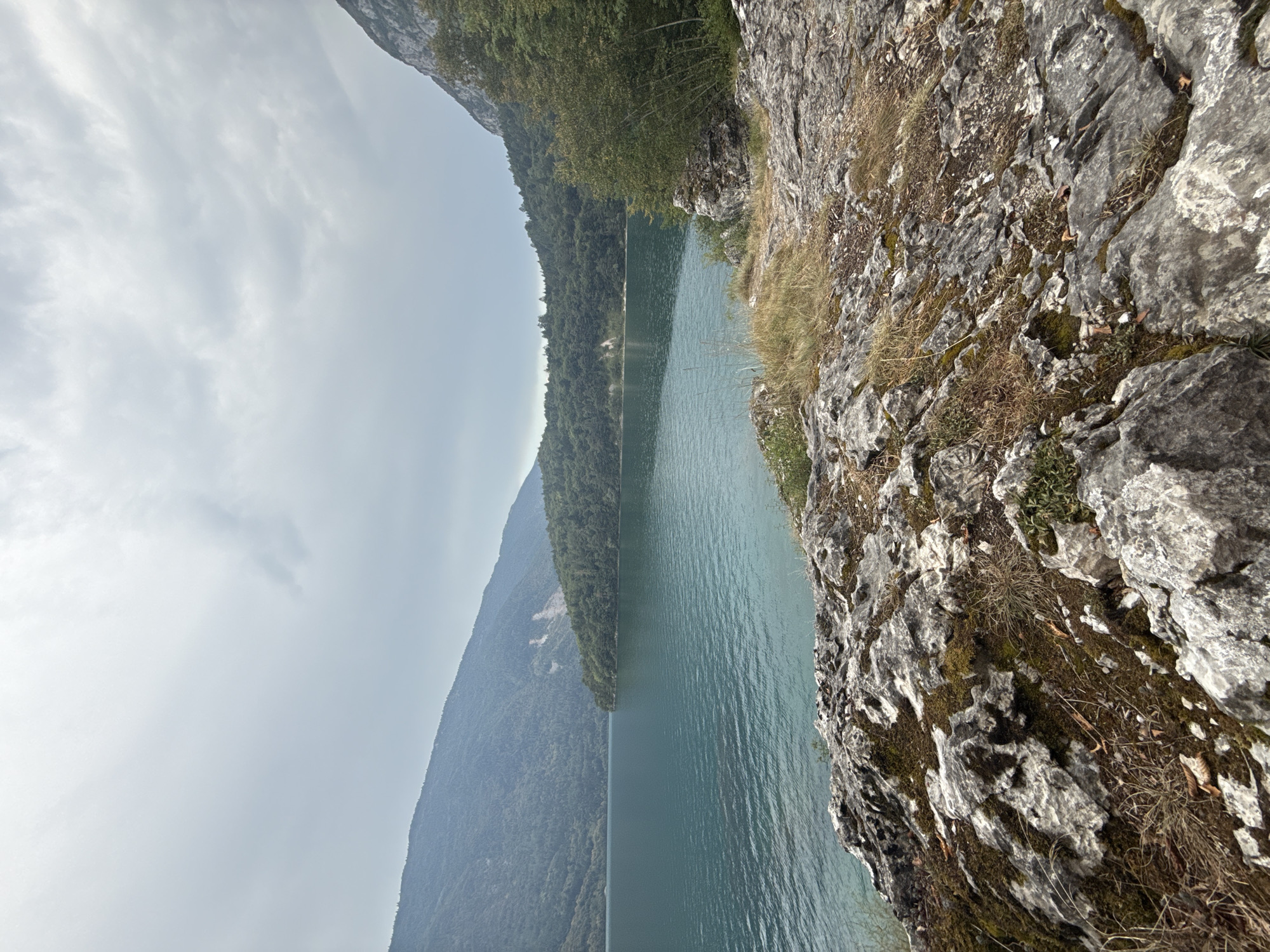 A wide-angle, eye-level outdoor shot captures a tranquil lake with a dramatic mountainous backdrop under an overcast sky. In the foreground, rough, moss-covered rocks and dry grass create a textured, natural border. The lake, a striking turquoise hue, occupies the middle ground, its surface rippling gently. Beyond the lake, lush green forests blanket the lower slopes of rolling mountains, which recede into the hazy distance. The sky is filled with heavy, grey clouds, suggesting a cool or potentially rainy day. The scene is devoid of human presence and activity, emphasizing a sense of natural solitude.