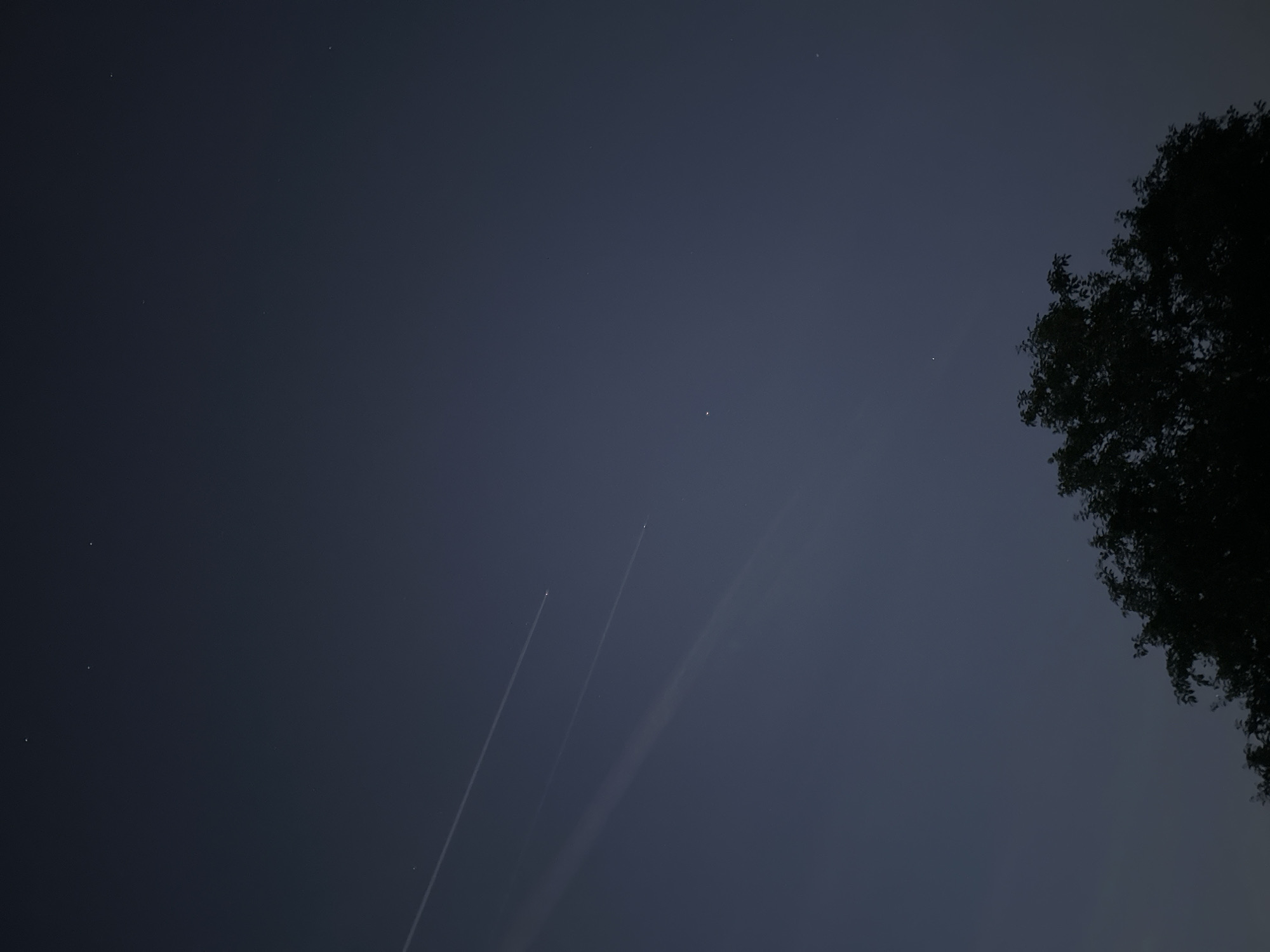 The image is a nighttime scene of the sky. There are three distinct contrails visible, originating from aircraft. A cluster of tree branches is silhouetted against the upper right portion of the sky. The sky is a gradient of dark blue to black. A few faint stars are visible throughout the sky. No specific details allow the location to be identified as Sofia, Bulgaria.