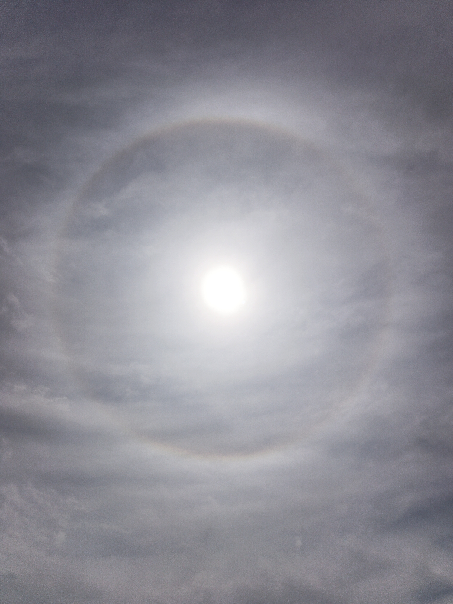 The image captures a sun halo phenomenon in Pshada, Russia. The sun, a bright white disk, is positioned in the upper center of the frame, surrounded by a luminous halo. Faint iridescent colors are visible within the halo. The sky is overcast with varying shades of gray clouds, creating a diffused light. The lower portion of the image shows a darker, denser cloud layer.