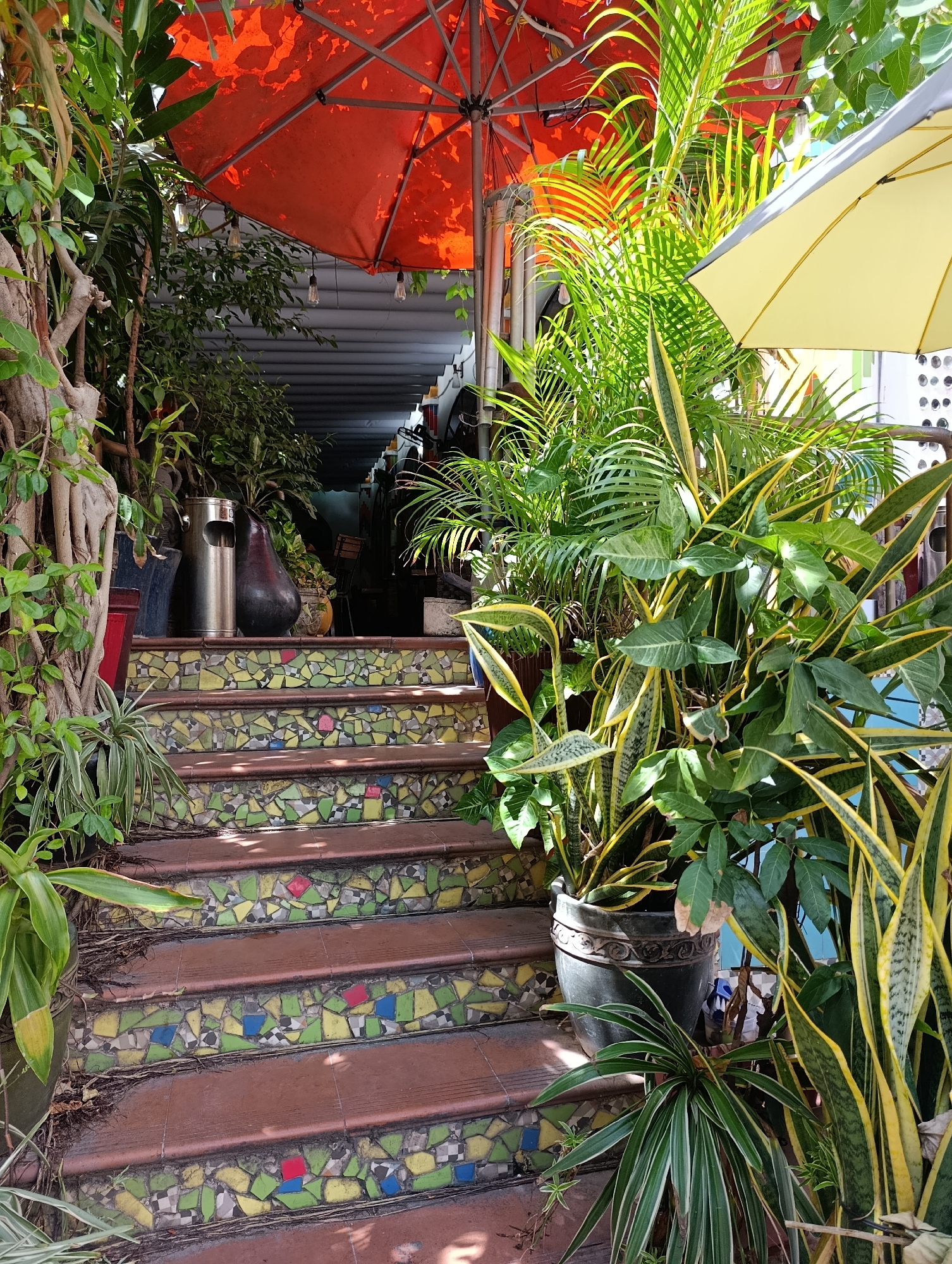 This image depicts an outdoor staircase decorated with colorful mosaic tiles leading up to an entrance. The steps are made of reddish-brown material, and each riser is adorned with a mosaic of small, irregularly shaped tiles in shades of green, yellow, blue, pink, and white, some with checkerboard patterns. Lush green plants, including potted snake plants with yellow-striped leaves, ferns, and other leafy foliage, surround the staircase and overhang from above. A large, upside-down orange umbrella and a partially visible yellow umbrella are also visible, suggesting an outdoor dining or seating area. In the background, a glimpse of an indoor space with white ceiling panels and lights can be seen. A metallic trash can and a dark, pear-shaped object are placed on the top step. The scene appears to be located in a commercial establishment, possibly a restaurant or cafe, in Nha Trang Ward, Vietnam, given the dense greenery and the style of the umbrellas.