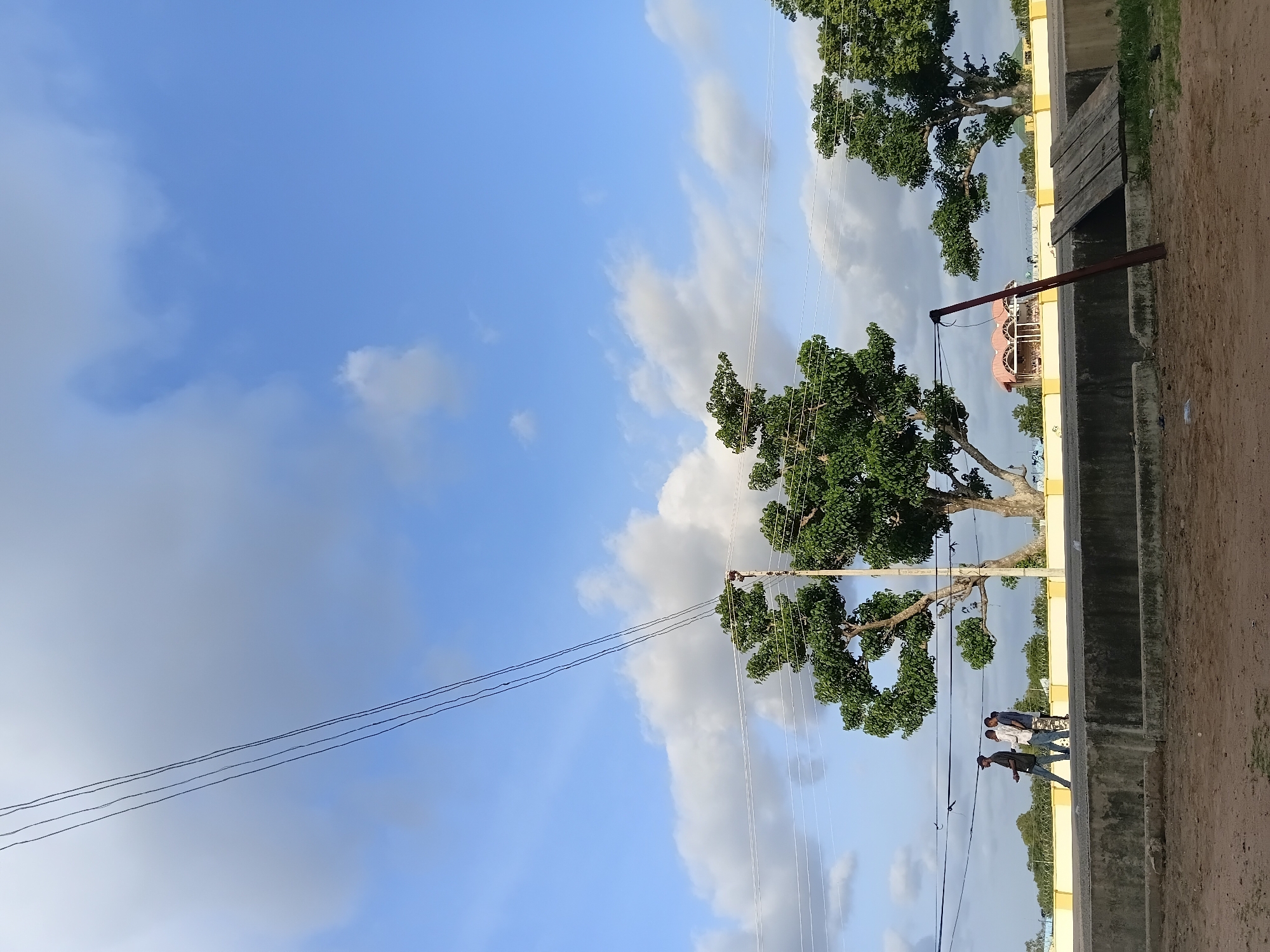 The image depicts an outdoor scene in Jalingo, Nigeria, under a bright blue sky with scattered white clouds. In the foreground, there is a rough, sandy ground with a concrete barrier in the middle ground. Beyond the barrier, a paved surface is visible with a yellow wall and a fence. Three men are walking on this paved surface, from left to right. Two of the men are walking side-by-side, while the third is slightly behind them. They are dressed in casual attire.
Dominating the mid-ground are large, leafy green trees. One particularly large tree is centrally located, with a light pole visible beside it. Another tree is situated to the right, and a smaller one to the far right. In the background, behind the yellow wall and fence, a building with a distinctive reddish roof and arched structures can be seen. A solitary red pole stands angled in the foreground, with some weathered wooden planks leaning against the concrete barrier. Power lines crisscross the sky, originating from the left and extending diagonally upwards. The overall impression is of a sunny day in a semi-urban or suburban area.