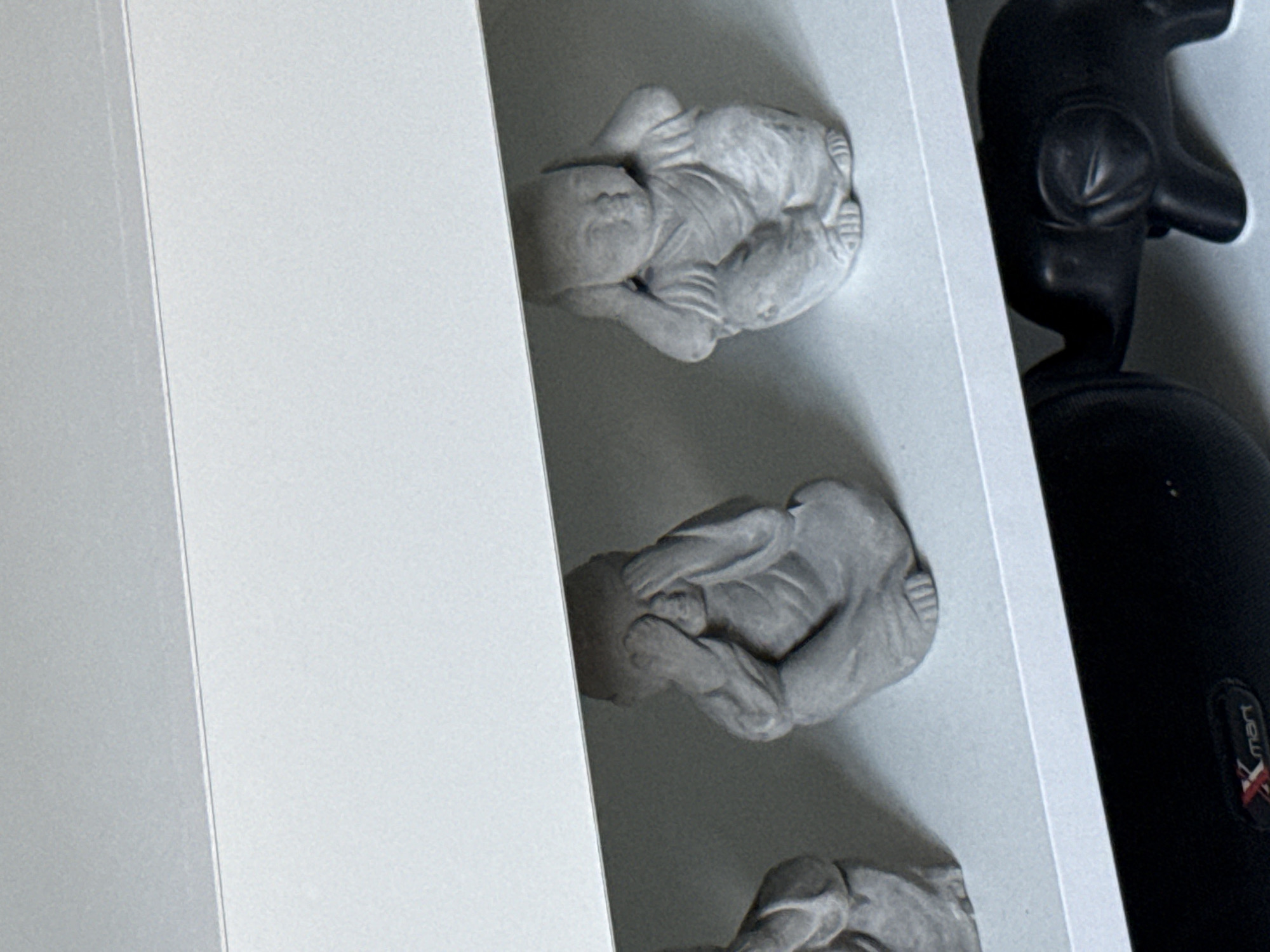 The image shows three small, grey, stone statues of children, each covering a different sense. The statue on the left appears to be covering its eyes. The statue in the middle is covering its ears. The statue on the right is covering its mouth. They are positioned on a white shelf. Below this shelf, on another surface, is a black, stylized elephant figurine. The context does not provide any information about the city of Stara Zagora, Bulgaria.