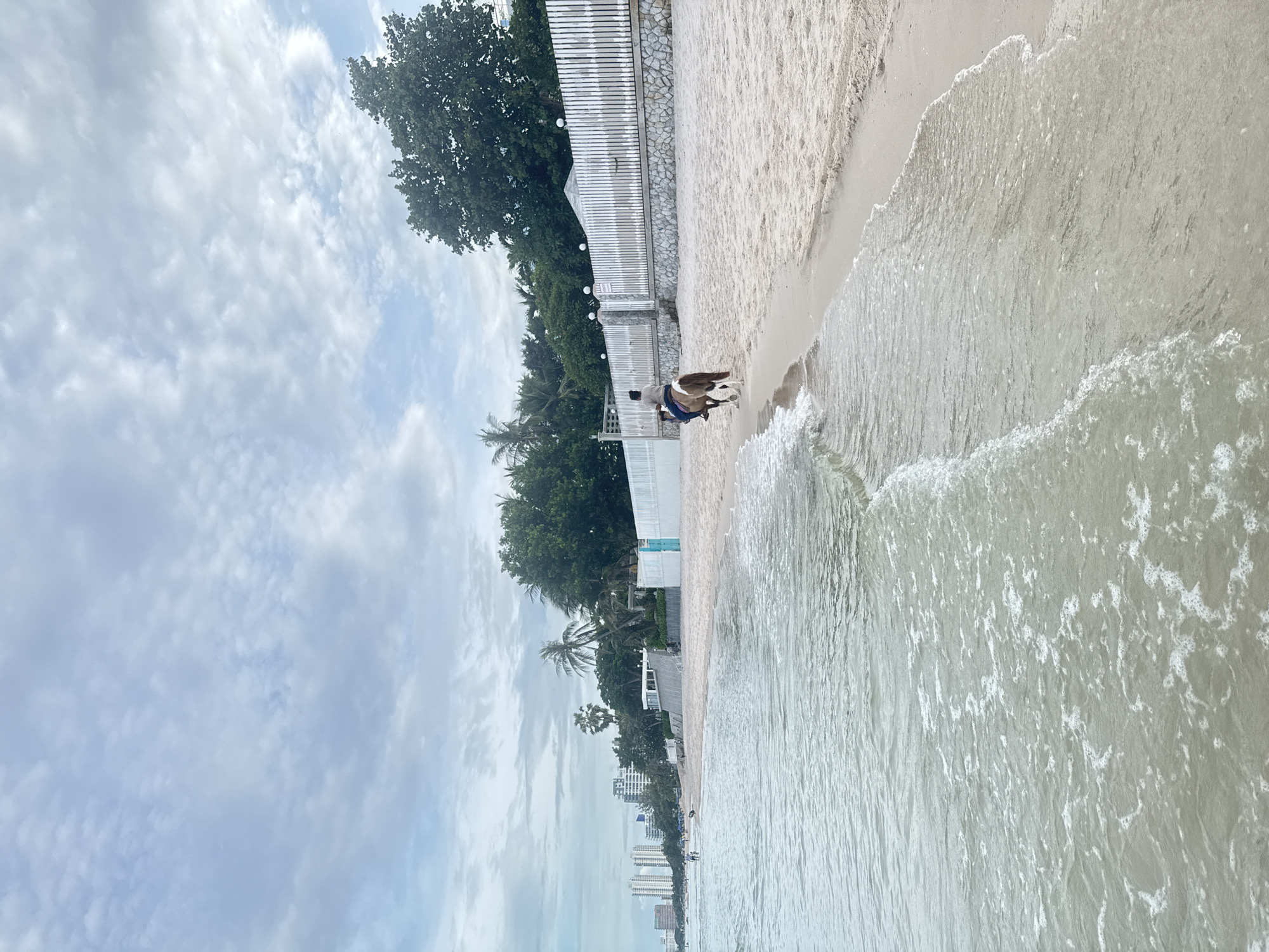 A person rides a horse along the sandy shore of Hua Hin Beach in Hua Hin City Municipality, Thailand, with the ocean to their left and a stone wall topped with a white fence to their right. The sky is overcast with scattered clouds. In the distance, buildings and lush green trees line the coastline. The water is calm with gentle waves lapping at the sand.