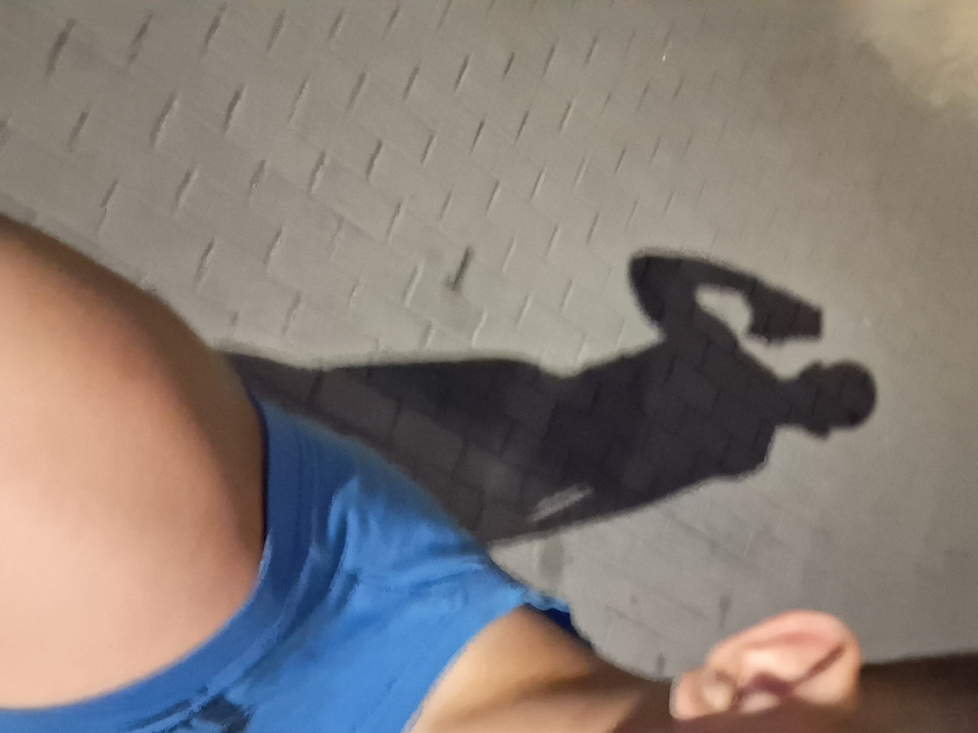 The image captures a shadow of a person holding a smartphone, presumably taking a selfie. The shadow is cast on a gray, paved surface with a repeating rectangular pattern, typical of sidewalks or public walkways. In the foreground, the right side of another person's face, specifically their ear and shoulder area, is visible. This person is wearing a blue t-shirt. The lighting suggests it is daytime, with the sun positioned to create a distinct shadow. The scene appears to be outdoors in an urban environment. No specific landmarks in Varna, Bulgaria, are identifiable from the image.