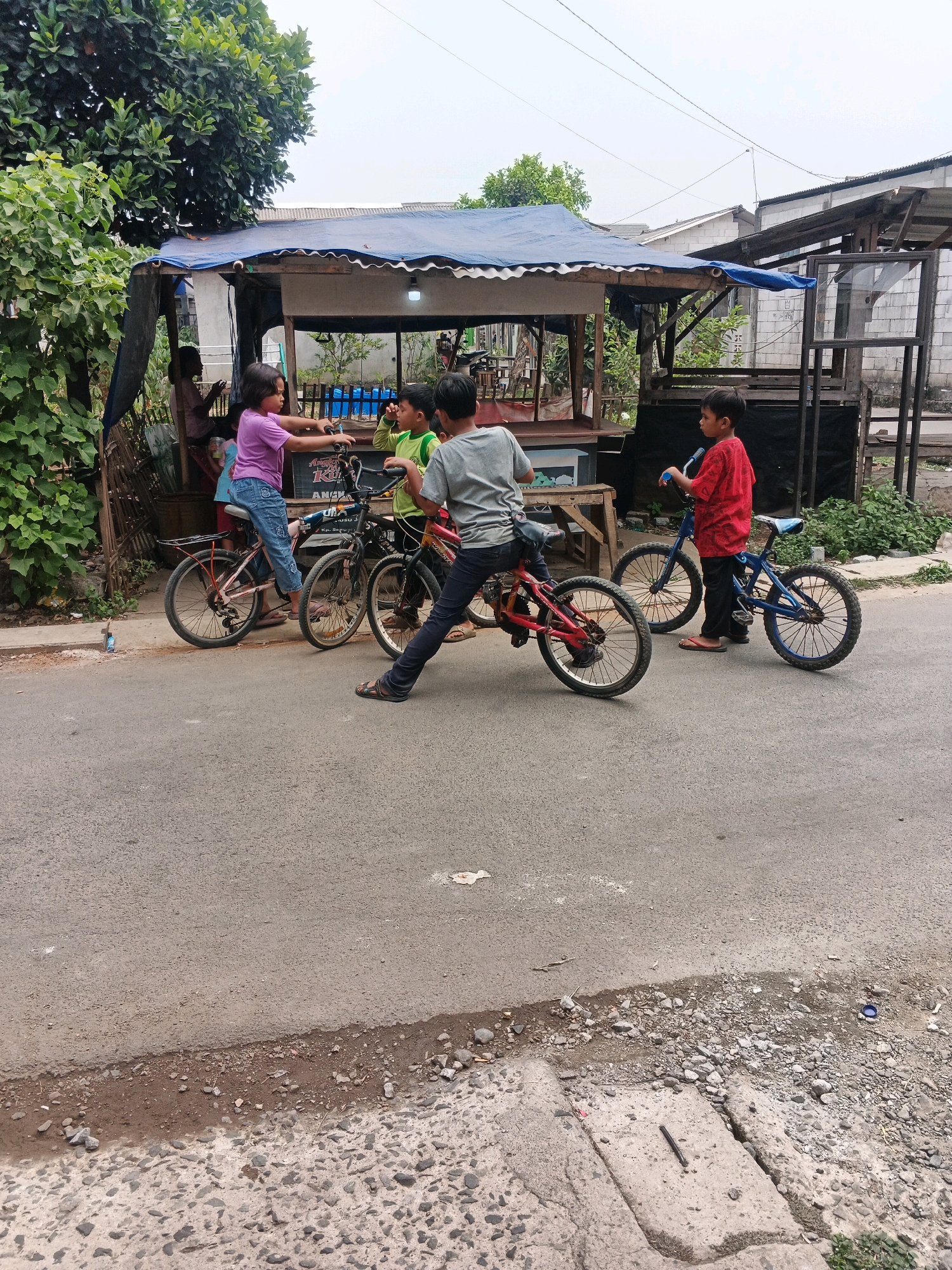 In Kadu, Indonesia, four children are gathered near a roadside stall. A young girl in a purple t-shirt and blue jeans sits on a bicycle, facing the stall. To her right, a boy in a green t-shirt and dark shorts is also on a bicycle. Behind them, a boy in a grey t-shirt and dark pants is on a bicycle and appears to be mounting it. To the far right, a boy in a red t-shirt and black pants stands next to a blue bicycle. The stall, covered by a blue tarp, is situated on the side of an asphalt road. Trees and vegetation surround the stall, and buildings are visible in the background. The ground near the road is a mix of asphalt, dirt, gravel, and some concrete structures.