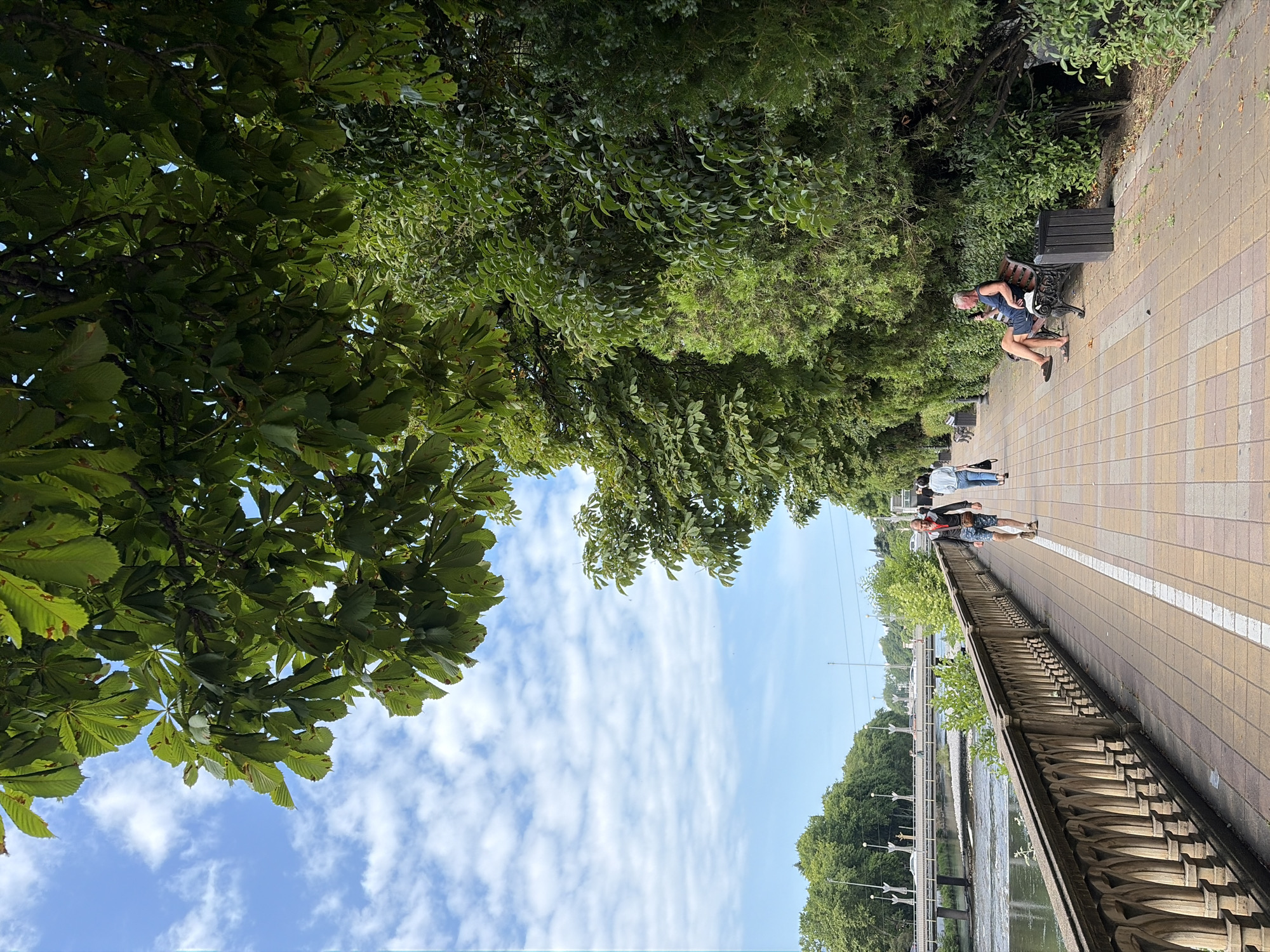 The image depicts a sunny day along a waterfront promenade in Sochi, Russia. Lush green trees line the right side of a paved walkway, which features a distinct white stripe. A decorative stone railing separates the walkway from a body of water on the left. In the distance, a bridge spans the water, with more greenery and buildings visible on the far bank.
On the walkway, several individuals are present. Two men and one woman are walking away from the camera. A man in a black jacket and shorts is walking towards the camera. Further down the path, a man is seated on a park bench, looking at his phone. Beside the bench is a trash receptacle. The sky above is blue with scattered white clouds, and the leaves of a large tree canopy the top of the image.