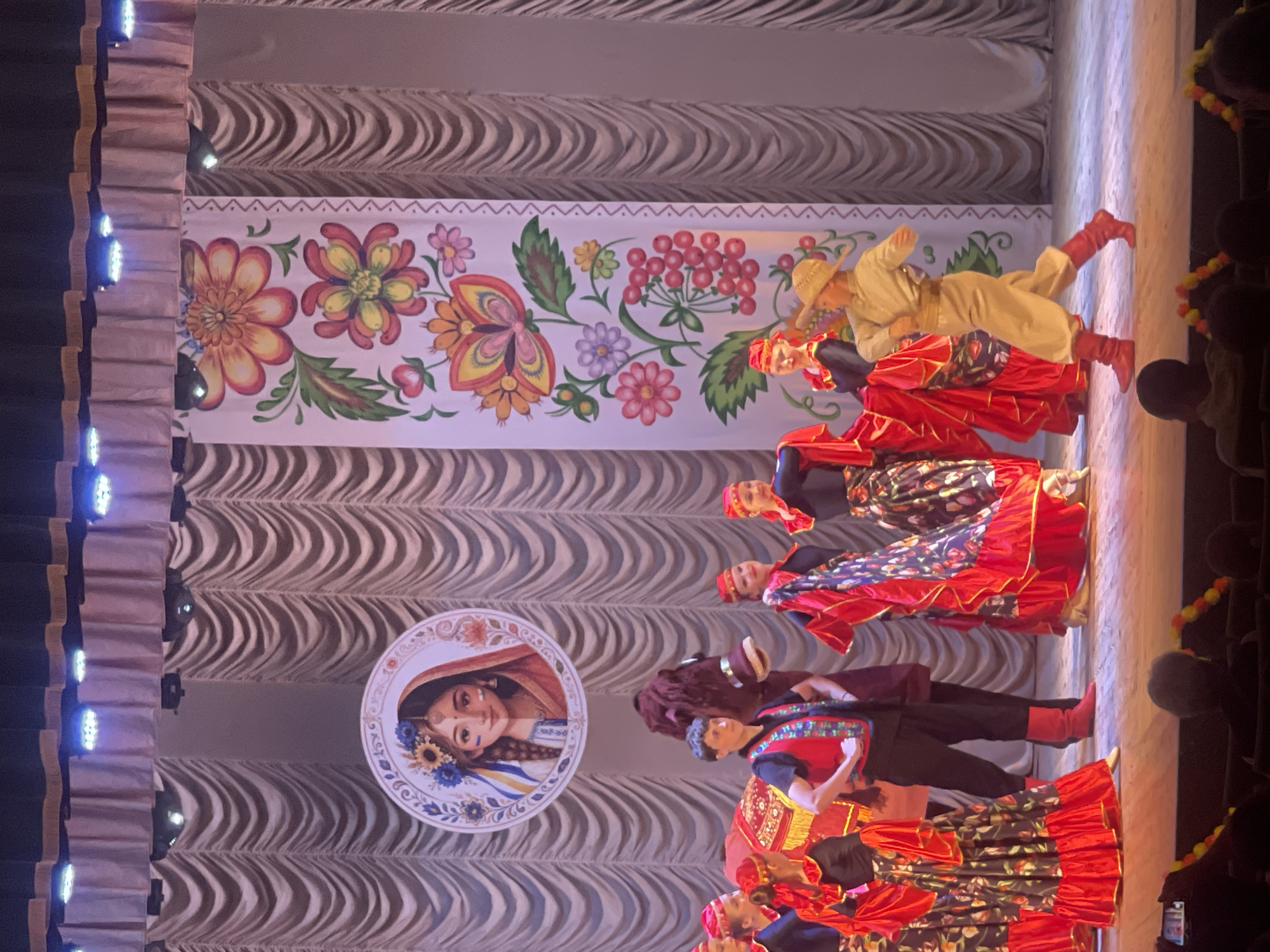 This image depicts a stage performance in the city of Гожули, Ukraine. The stage is decorated with a large banner featuring a folk art motif of flowers and berries, and a circular image of a woman with a flower crown. A group of performers, dressed in traditional folk costumes with red and black elements, are on stage. Some are wearing red vests, black shirts, and patterned skirts, while others are in red dresses. One male performer is dressed in a tan jumpsuit and hat, with red boots. A person in a brown horse costume is also present. The performers appear to be dancing or posing. In the foreground, an audience member is visible holding up a smartphone to take a picture, and other audience members are seated in the darkened theater. The lighting on stage is dramatic, with spotlights illuminating the performers.