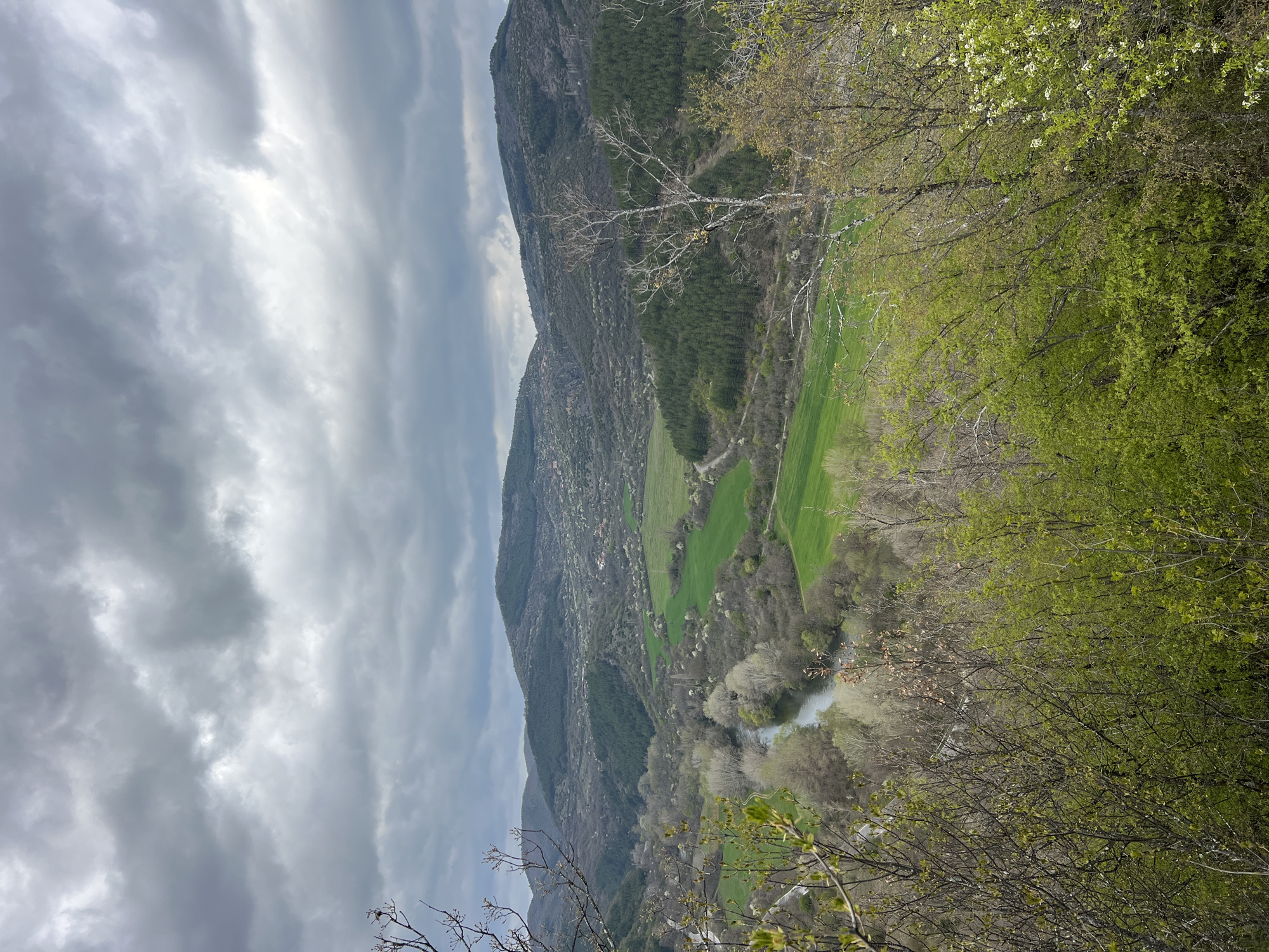 A vertical landscape view of a valley in Dobrovo, Bulgaria, featuring mountains, clouds, a river, green fields, and trees. The sky is filled with gray and white clouds. A mountain range is on the left side of the valley with visible rocky surfaces and patches of green vegetation. Below the mountains, a valley floor consists of bright green fields and a winding river. The river is bordered by trees with light foliage. In the foreground, tree branches with fresh green leaves and blooming white flowers frame the right side of the image.