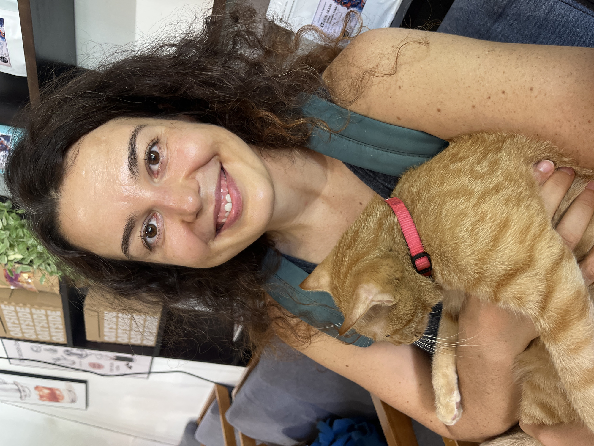 A medium shot captures a woman with long, dark, curly hair holding an orange tabby cat in her arms. She is smiling, with her mouth slightly open, revealing her teeth. Her left arm is wrapped around the cat, and her right hand is partially visible, supporting the cat. The cat is wearing a pink collar. The woman is wearing a dark top and a green backpack strap is visible over her shoulder. The background appears to be an indoor setting with shelves containing boxes and artwork on the wall. Two grey chairs are visible to the left of the frame. The lighting suggests an indoor environment, possibly a cafe or shop, and the overall atmosphere is casual and relaxed. The scene does not provide specific visual cues to pinpoint the location within Phu Thuy Ward, Vietnam, beyond it being an interior space.