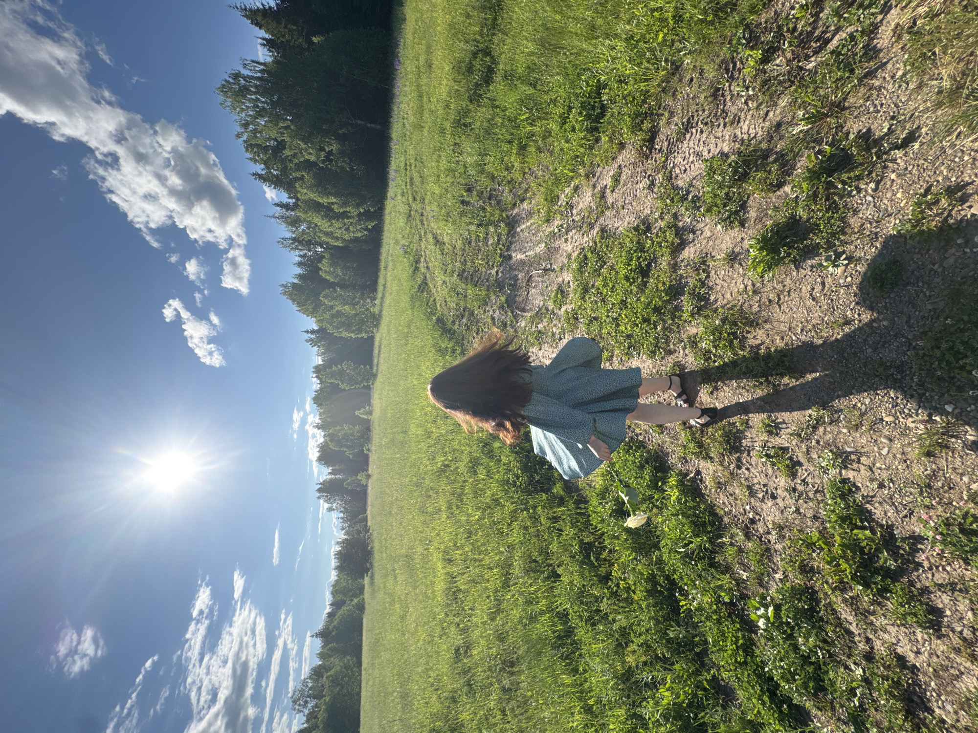 A young girl with long brown hair, wearing a teal patterned dress and black sandals, stands on a dirt path in a grassy field. She is holding a pale yellow rose in her right hand. Her dress is swirling around her as she turns away from the camera, facing towards a line of trees in the distance. The sun is high in the bright blue sky, casting long shadows. White clouds are scattered across the sky. The location is a field in Sosnovo, Russia.