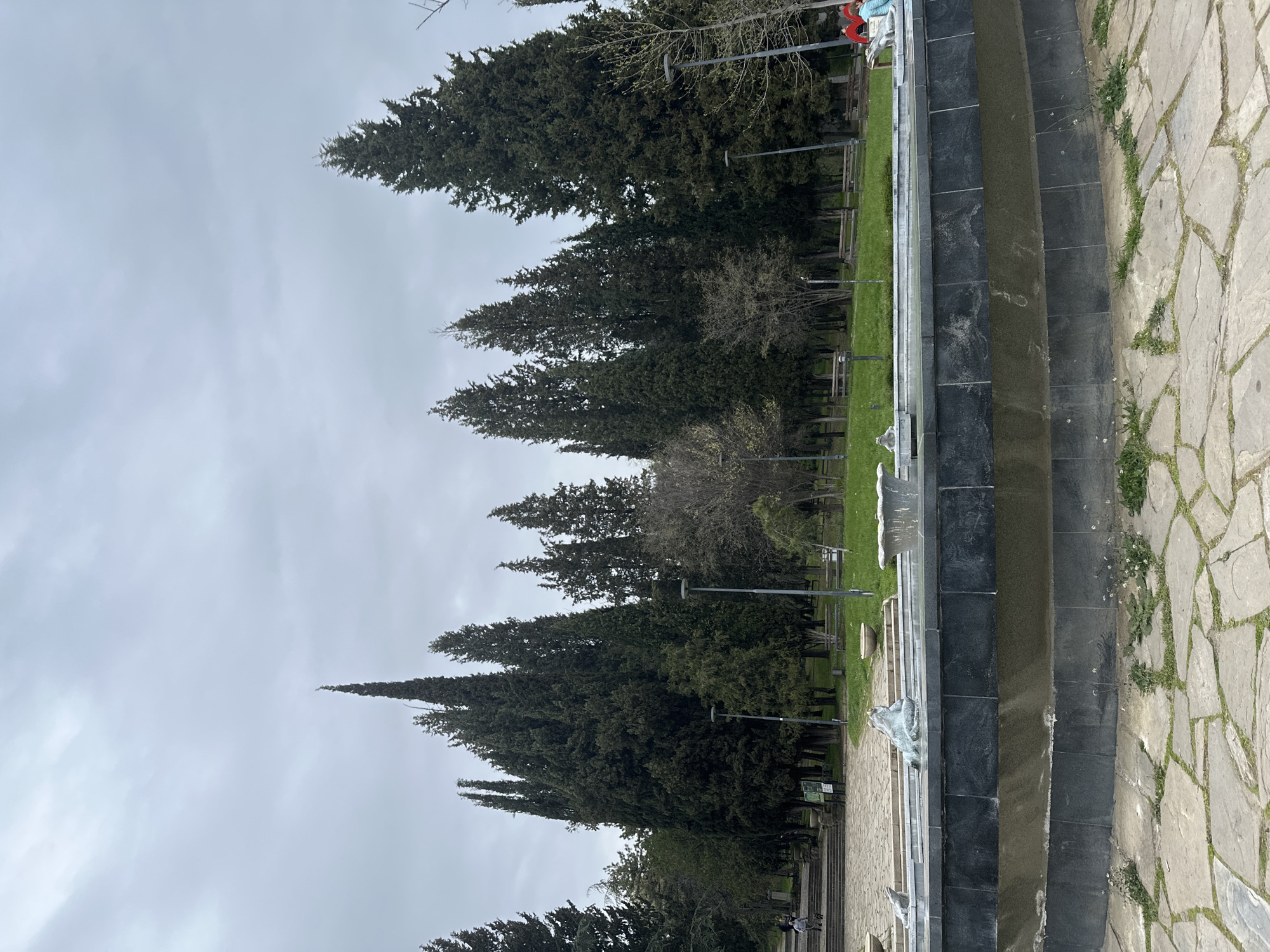 The image shows a park scene in Stara Zagora, Bulgaria. Tall, coniferous trees line the left side of the frame, reaching towards an overcast sky. A green lawn stretches between the trees and a multi-tiered, dark-stoned structure. To the right of the stone structure, there is a paved area with irregular stone slabs. The park includes lamp posts, benches and grassy areas. A sculpture in the form of animal, probably a wolf, is visible on one of the stone tiers. At the bottom of the frame, near the paved area, a bicycle is visible, with a person riding a bicycle.