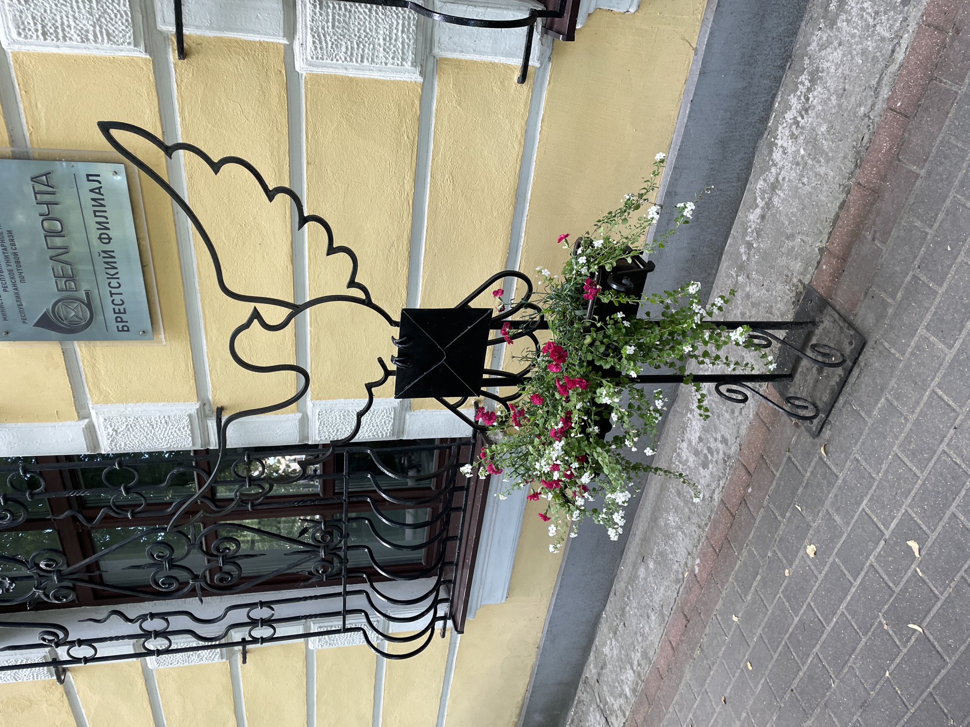 The image shows a decorative metal sign and a planter with flowers outside a building. The sign is black and shaped like a wing with an envelope at its center. It is mounted on a yellow-painted wall with white trim. Above the sign, a window with decorative metal bars is visible. The planter, also made of black metal, holds a profusion of small white and pink flowers. It is attached to a stand that is part of the same decorative metalwork.
To the left of the sign, a rectangular plaque with text is attached to the wall. The text on the plaque is in Cyrillic script and appears to be related to a postal service. The visible words include "БЕЛПОЧТА" (Belpochta) and "БРЕСТСКИЙ ФИЛИАЛ" (Brest Branch).
The scene appears to be outdoors, with a sidewalk paved with gray and reddish-brown bricks in the foreground. The lighting suggests it is daytime, possibly overcast, as there are no strong shadows. The overall setting is urban, likely a street or public area in Brest, Belarus, given the text on the sign. The presence of flowers and decorative elements gives the scene a pleasant, well-maintained appearance. No people or specific activities are depicted.