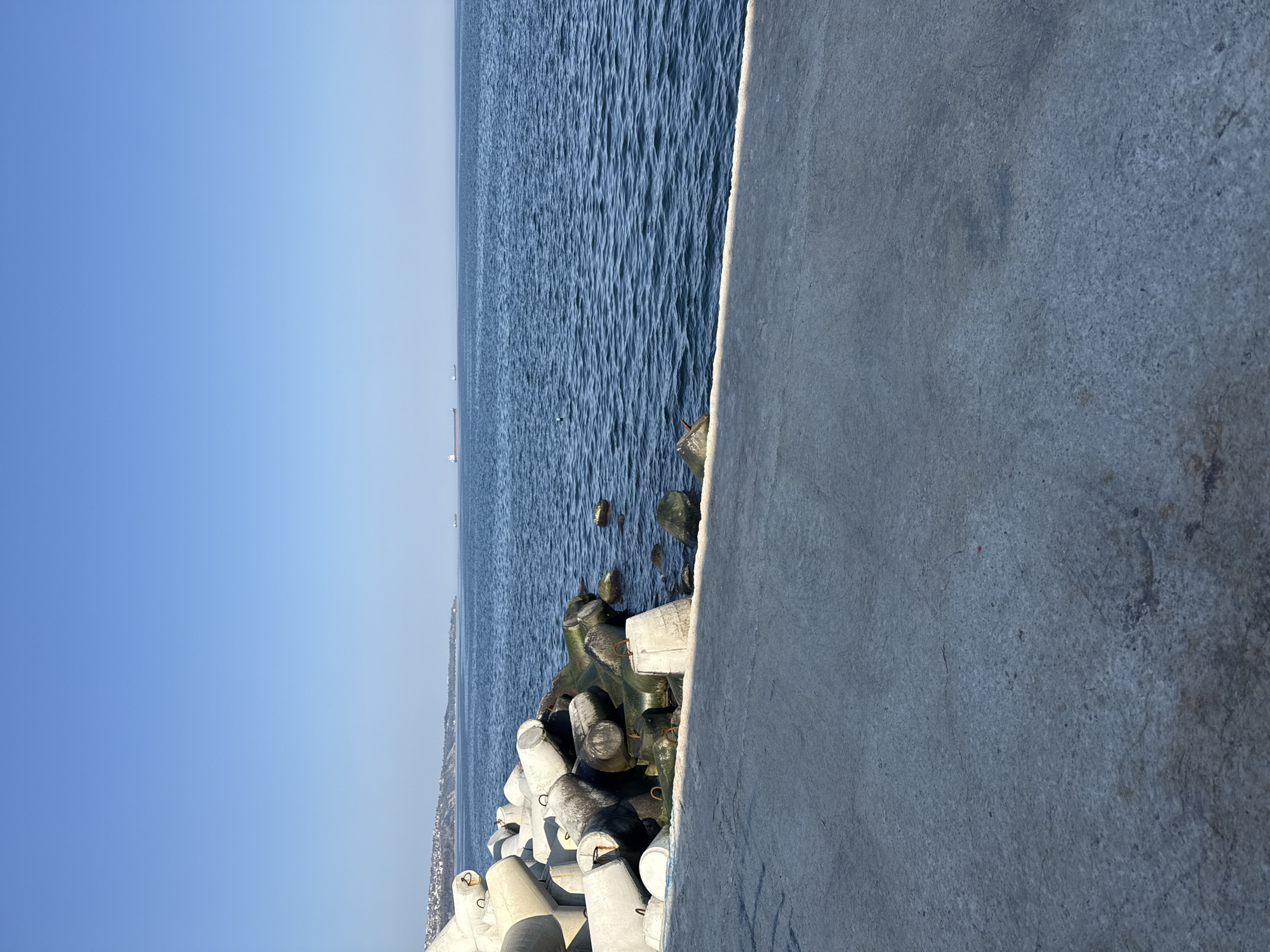 This image presents a view of the Black Sea from what appears to be a concrete pier or breakwater in Varna, Bulgaria. The camera is positioned close to the concrete structure on the right, which takes up a significant portion of the frame. Adjacent to the pier, the coastline is reinforced with rows of concrete tetrapods, designed to break the force of the waves. Beyond this, the dark blue expanse of the sea stretches out towards the horizon, meeting a clear, cloudless blue sky. Several ships are visible on the horizon. The scene seems still, with no visible human activity.