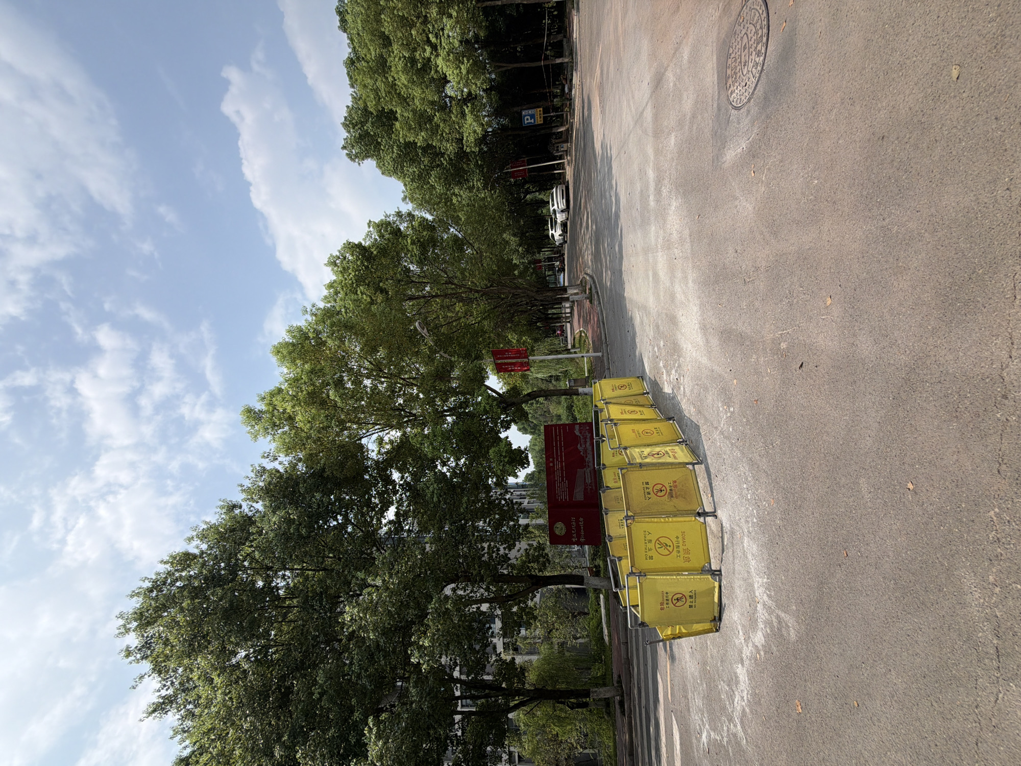 The image shows a street scene in Jiangjin, China, on a sunny day with a partly cloudy sky. In the foreground, a series of yellow barrier panels are set up on the asphalt road, forming a curve. Each panel has text and symbols. A pedestrian crossing is visible behind the barriers. To the left, a building with multiple windows is partially obscured by trees. To the right, the road continues with more trees lining the sides. Several cars, including two white sedans, are parked or driving further down the road. A blue and yellow parking sign is visible on the right side. The overall environment appears to be an urban or suburban area with abundant greenery.