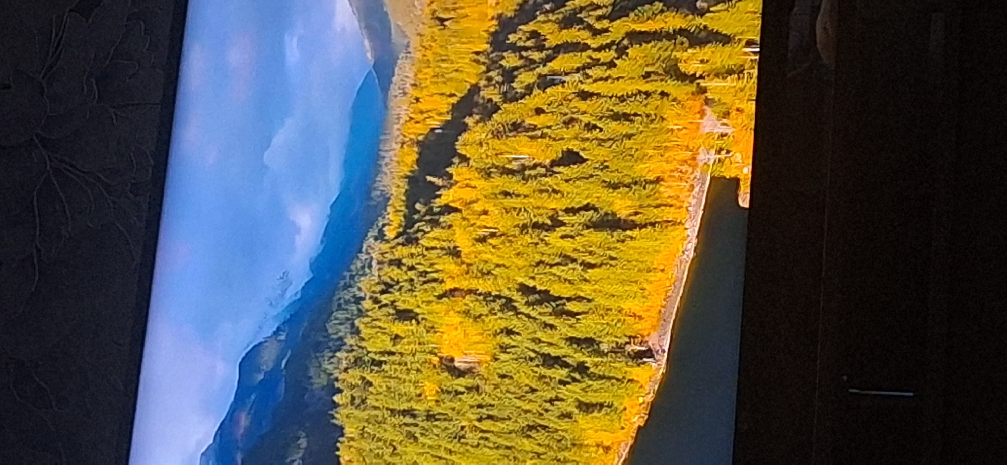 The image depicts an aerial view of a mountainous landscape with a dense forest and a body of water. The forest is characterized by trees with vibrant yellow and green foliage, suggesting an autumn season. The mountains in the background are covered in a light haze, with a clear blue sky visible above. The body of water, likely a lake or a fjord, is dark blue and appears calm.
There is no visible indication of the city of Bila Tserkva, Ukraine, in this image. The scene is purely natural and does not contain any urban elements or identifiable landmarks that would associate it with a specific city or country.